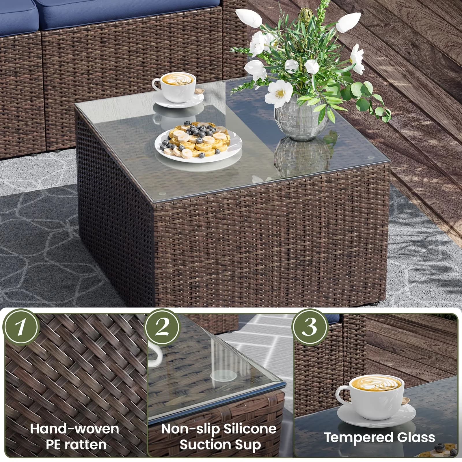 Innovative Patio Conversation Set with Weatherproof, 7-Piece Furniture - Rattan, Aluminum, Polyester Model 9E743D
