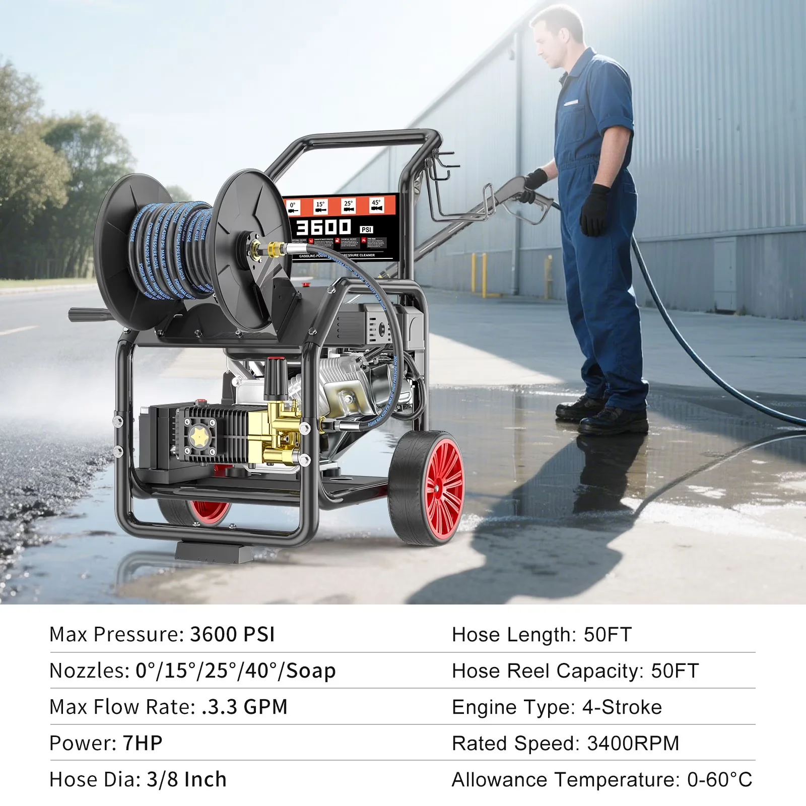Essential Pressure Washer with Kink Free Hose, Adjustable Wand, 3600psi Gas - Model 8D68B2