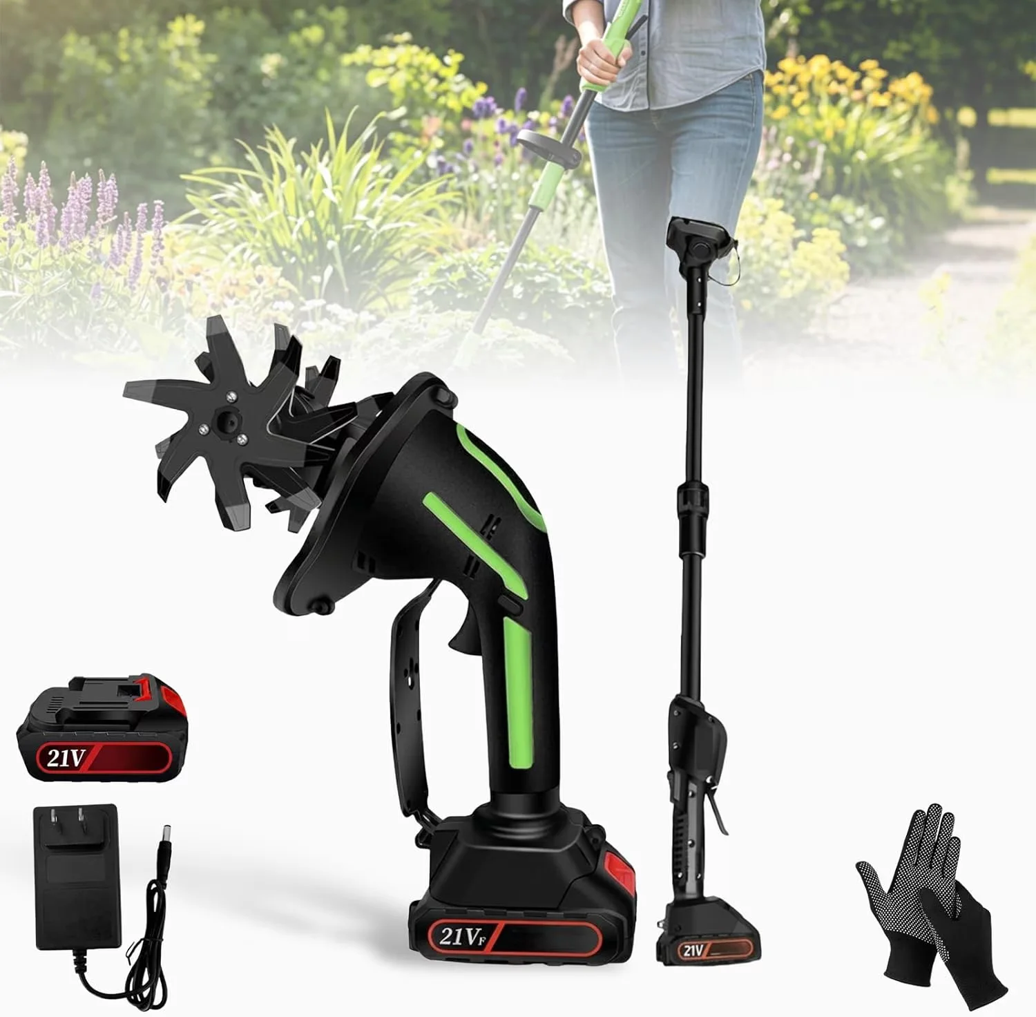 Innovative Trillers Cultivator with Battery Powered Handheld Garden Tool, Extension Pole, 2-in-1 Cordless Tiller & - Model 5B7880