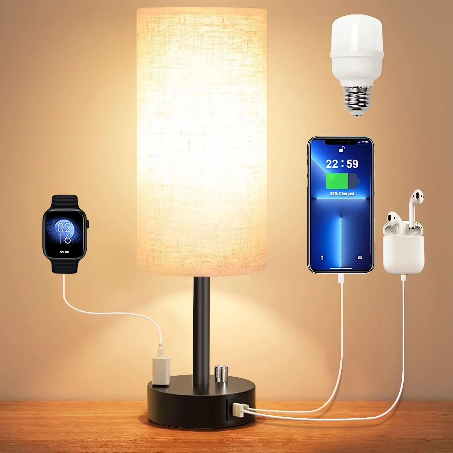 Premium Lamp with LED, Power Outlet - Metal, Linen Beige for Living Room, Bedroom Model 038AA4