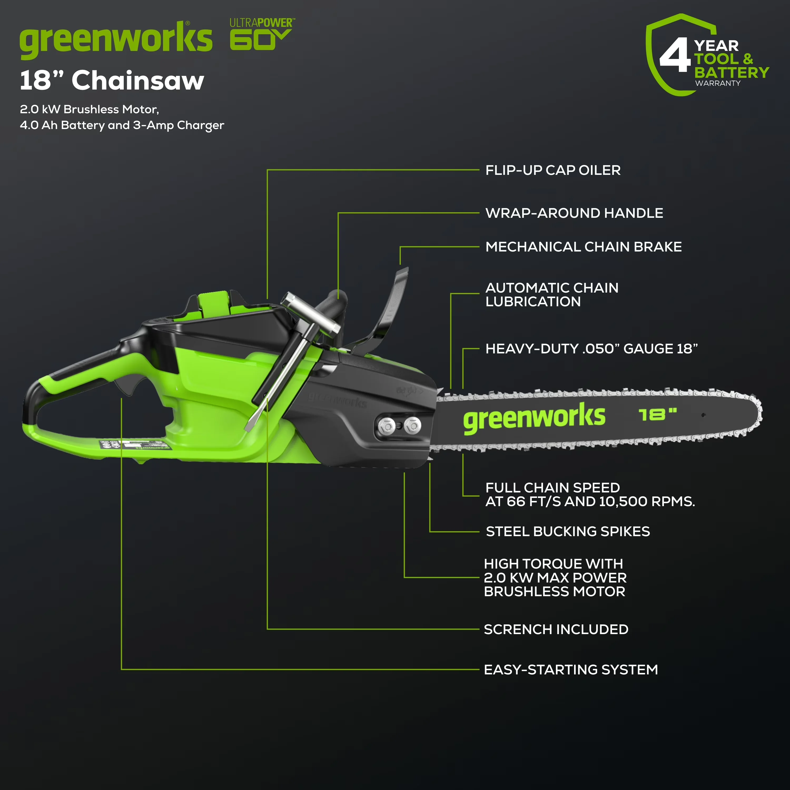 Versatile Chainsaw with Battery, 60V, 60V 18" 2.0kW Brushless - Green - Low Maintenance Model FD760B