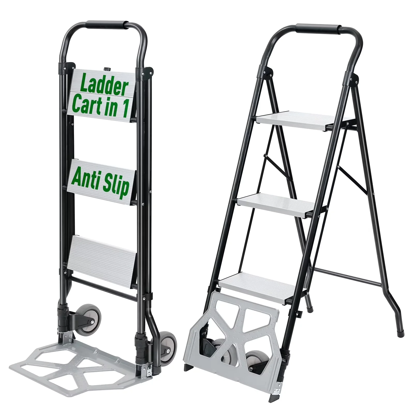 Quality Ladders And Step Stool with Metal Frame, 2 in 1 Ladder & Hand Truck - Black Steel Model F67A51