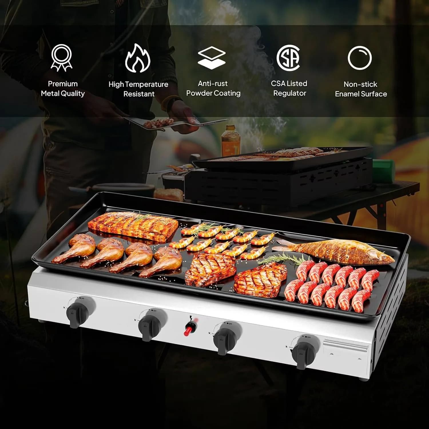 Durable Gas Grill with 40000 BTU, Portable - Metal, Steel Red for Outdoor, Camping Model 5A0F21