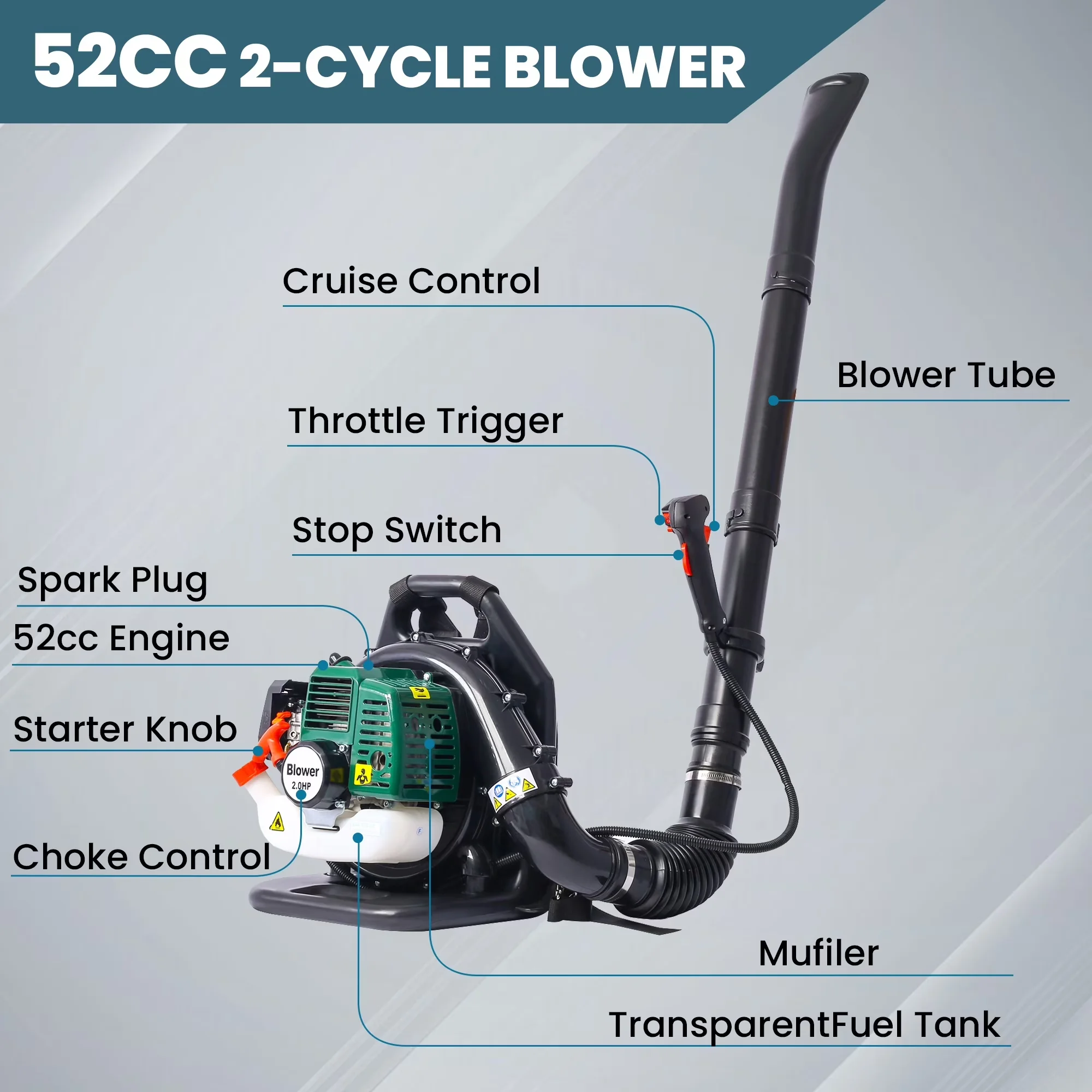 Efficient Leaf Blower with Adjustable Handle & Extended Tube, Backpack Gas Powered 52CC - Model A12ACC