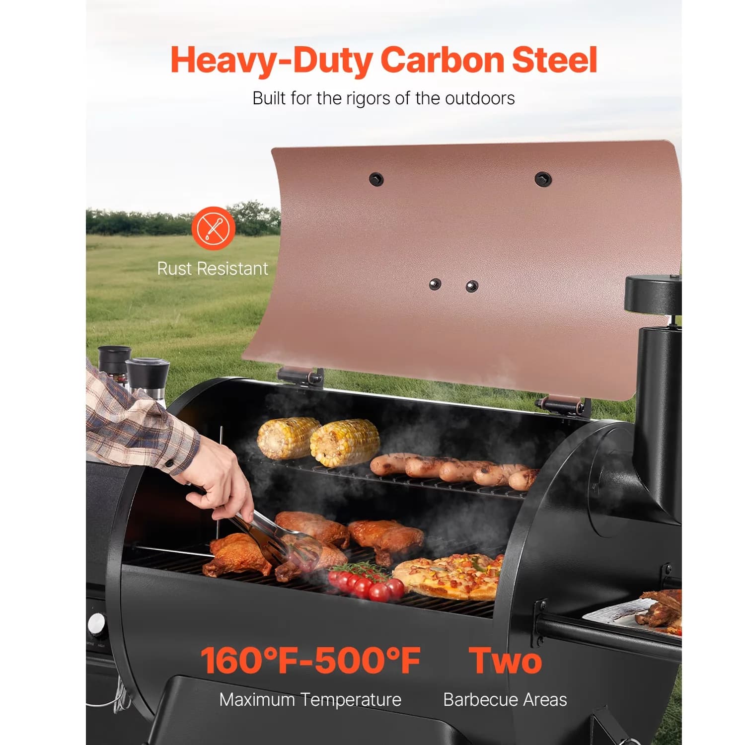 Smoker Stylish with Wood Pellet Grill, Multifunctional BBQ Grills - Steel Silver Model 87A91B