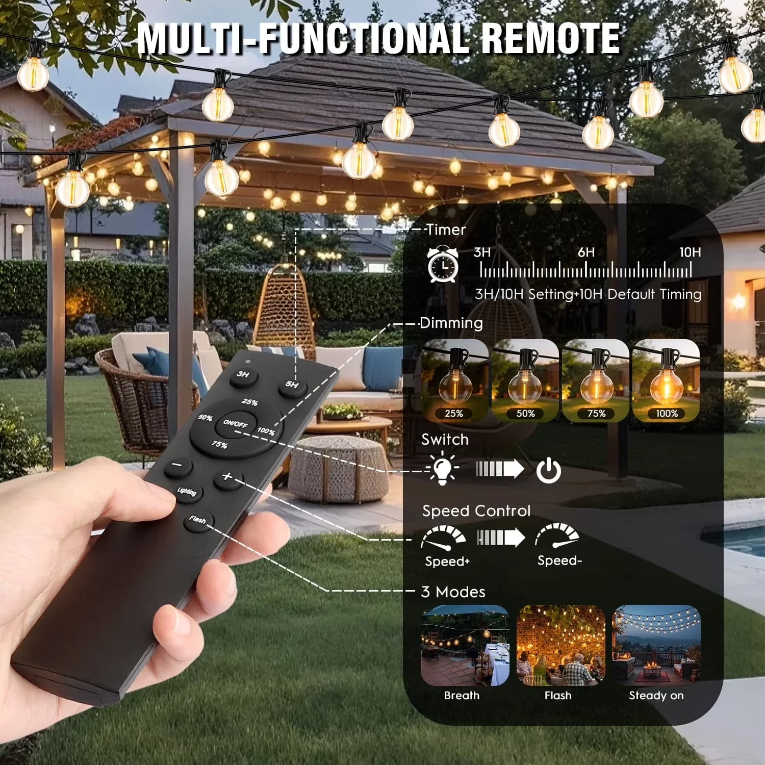 Premium Led Lighting with LED, Solar, Remote Controlled - White 100FT - Premium Collection Model 95BB74