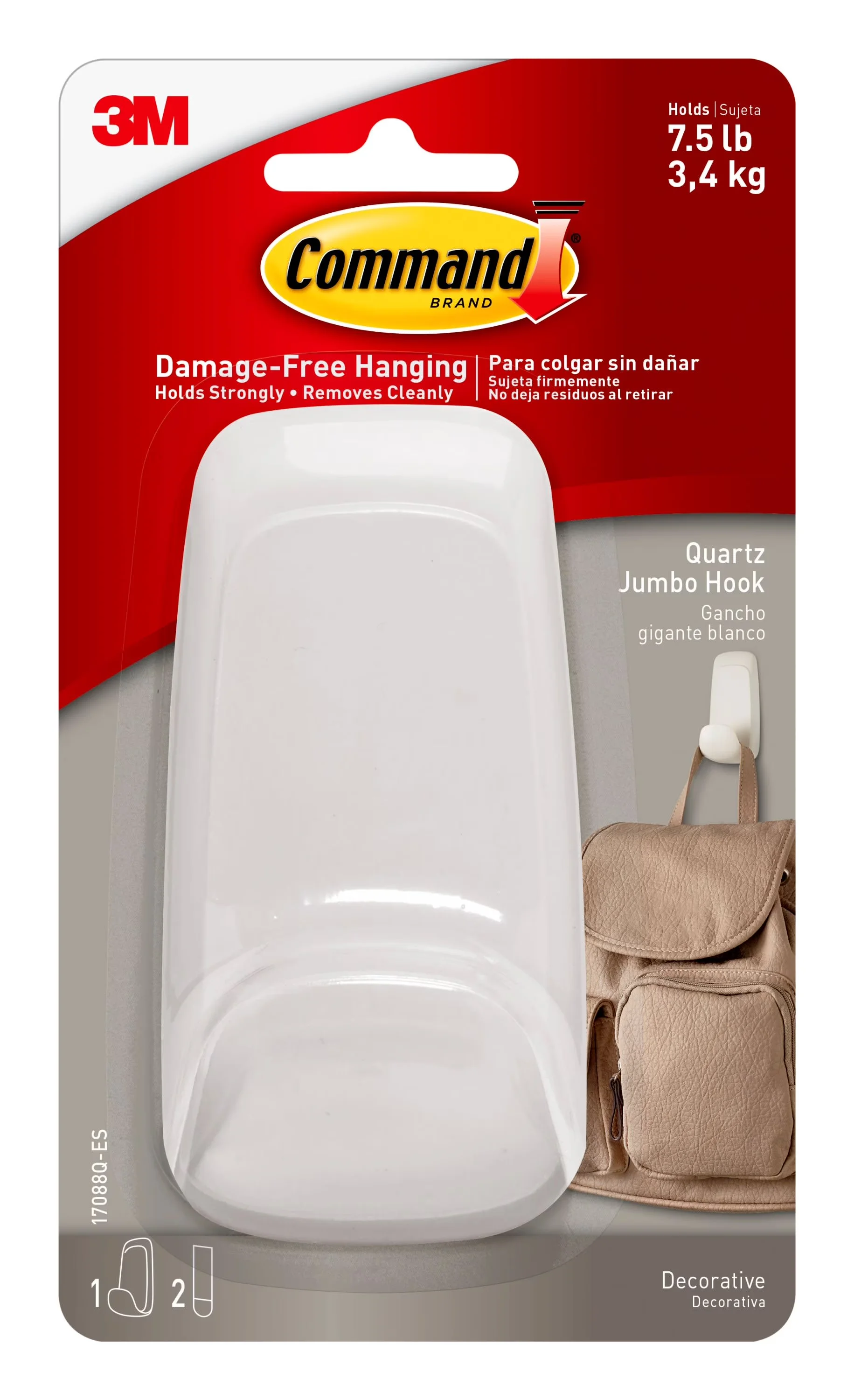Stylish Damage-Free Hanging with Easy Installation, 2 Strips Jumbo Hook Quartz - Plastic Jumbo Model E191BB