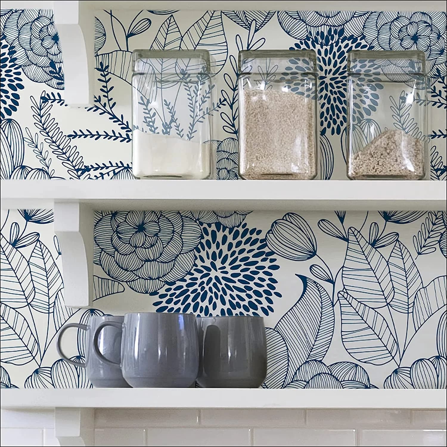 Premium Wallpaper Wall Decals Wall Covering with Removable, Navy floral wallpaper - Vinyl Blue Model C5A153