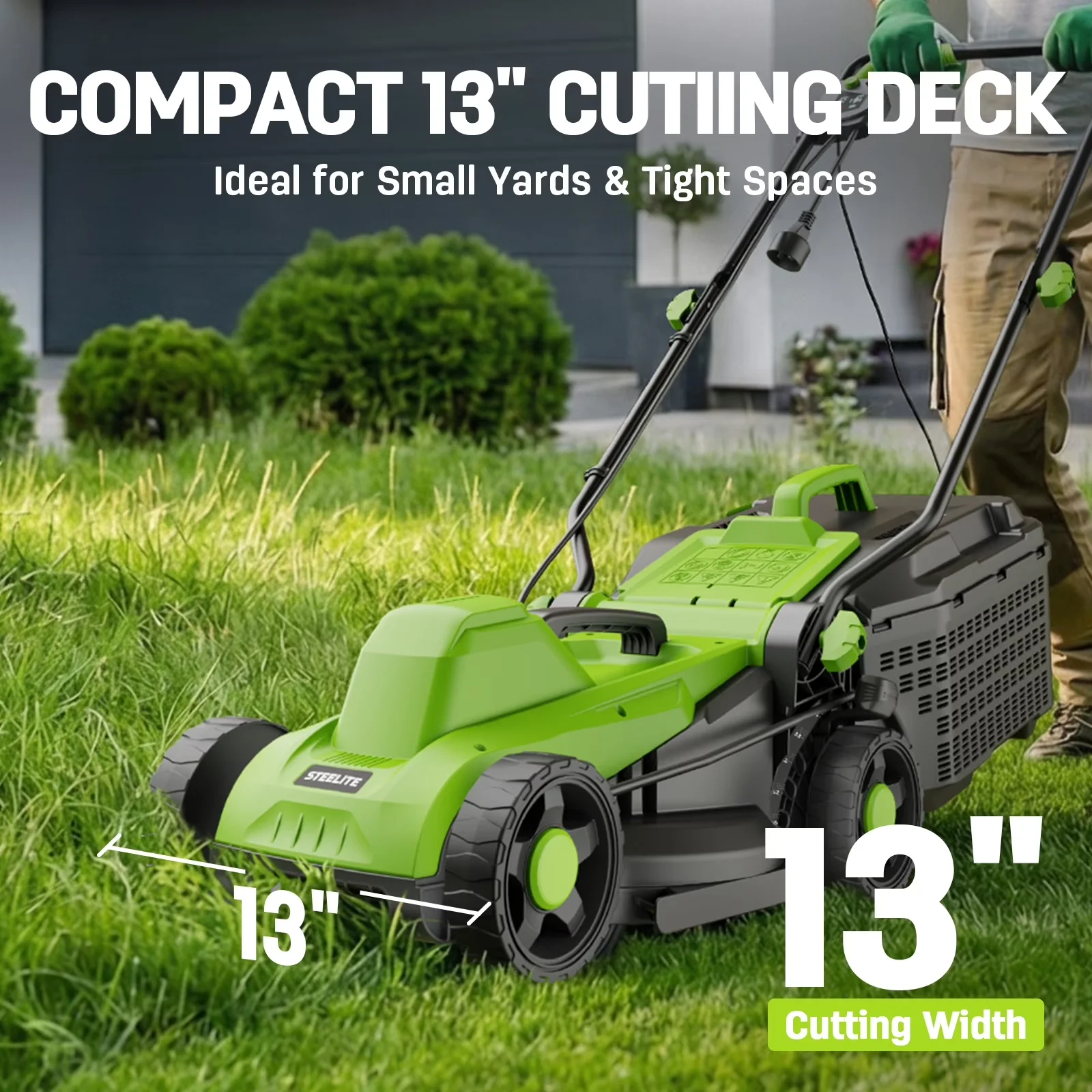 Push Mower Sleek with Adjustable Cutting Height, Corded Lawn, 5-Position Cutting Height Adjustment - Green Model F82AED