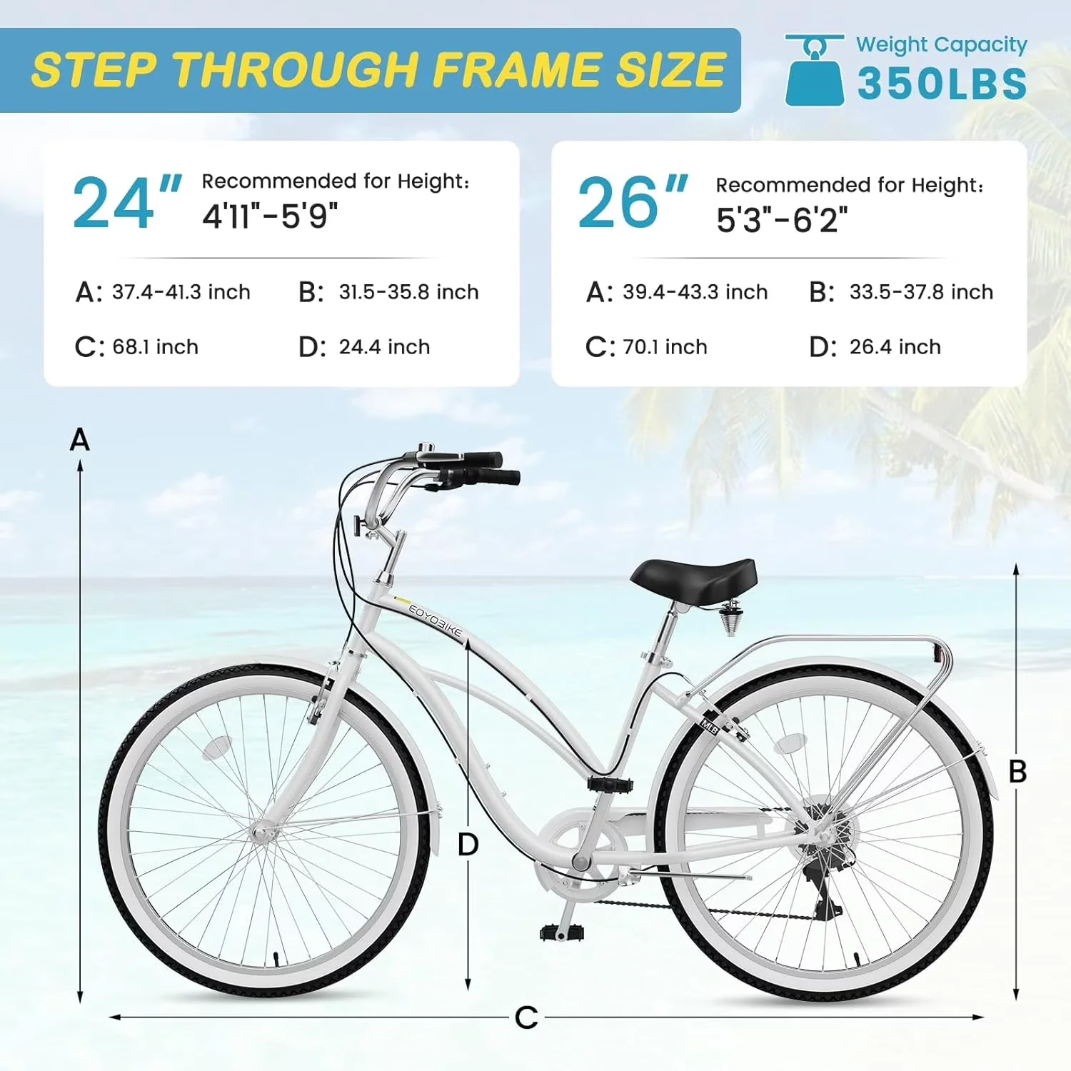 Sleek Cruiser Bike with Adjustable Speed, Lightweight, Beach - White - Sleek Profile Model 67BA87