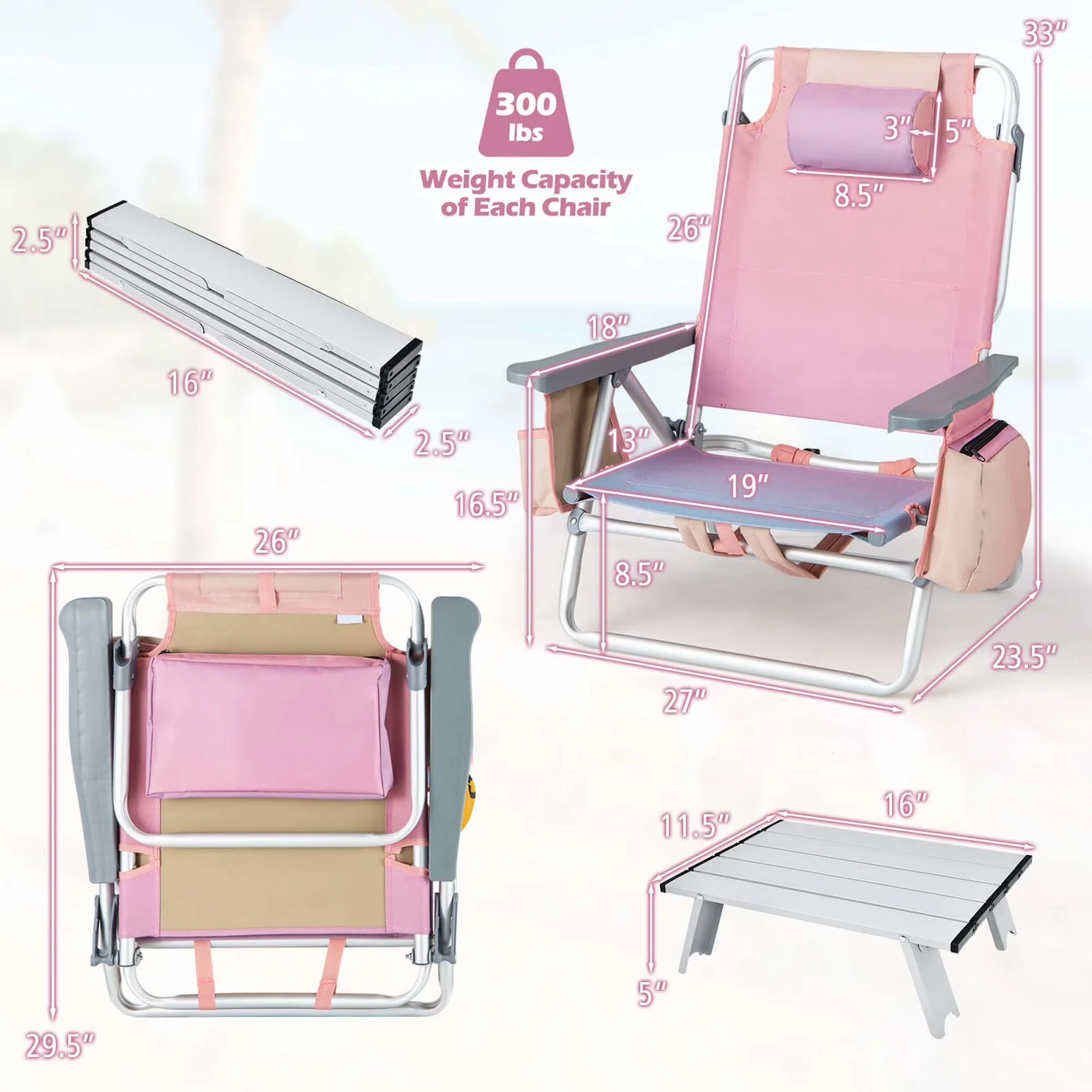 Beach Chair Classic with Folding - Pink Aluminum, Pp, Pvc, Sponge - Compact and Portable Model 035C6C