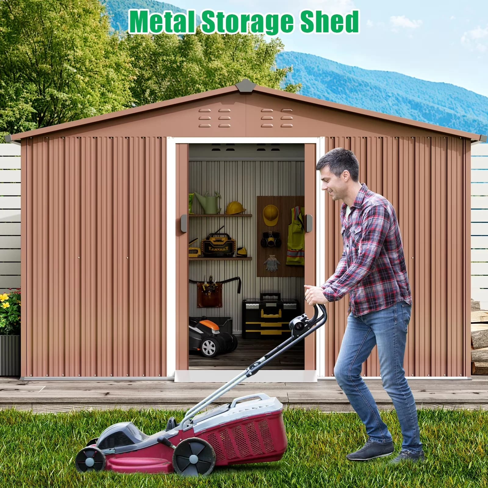 Compact Shed with Waterproof, 10x12ft Large Metal Garden, Lockable Door Design - Steel for Garden, Patio Model 42D709