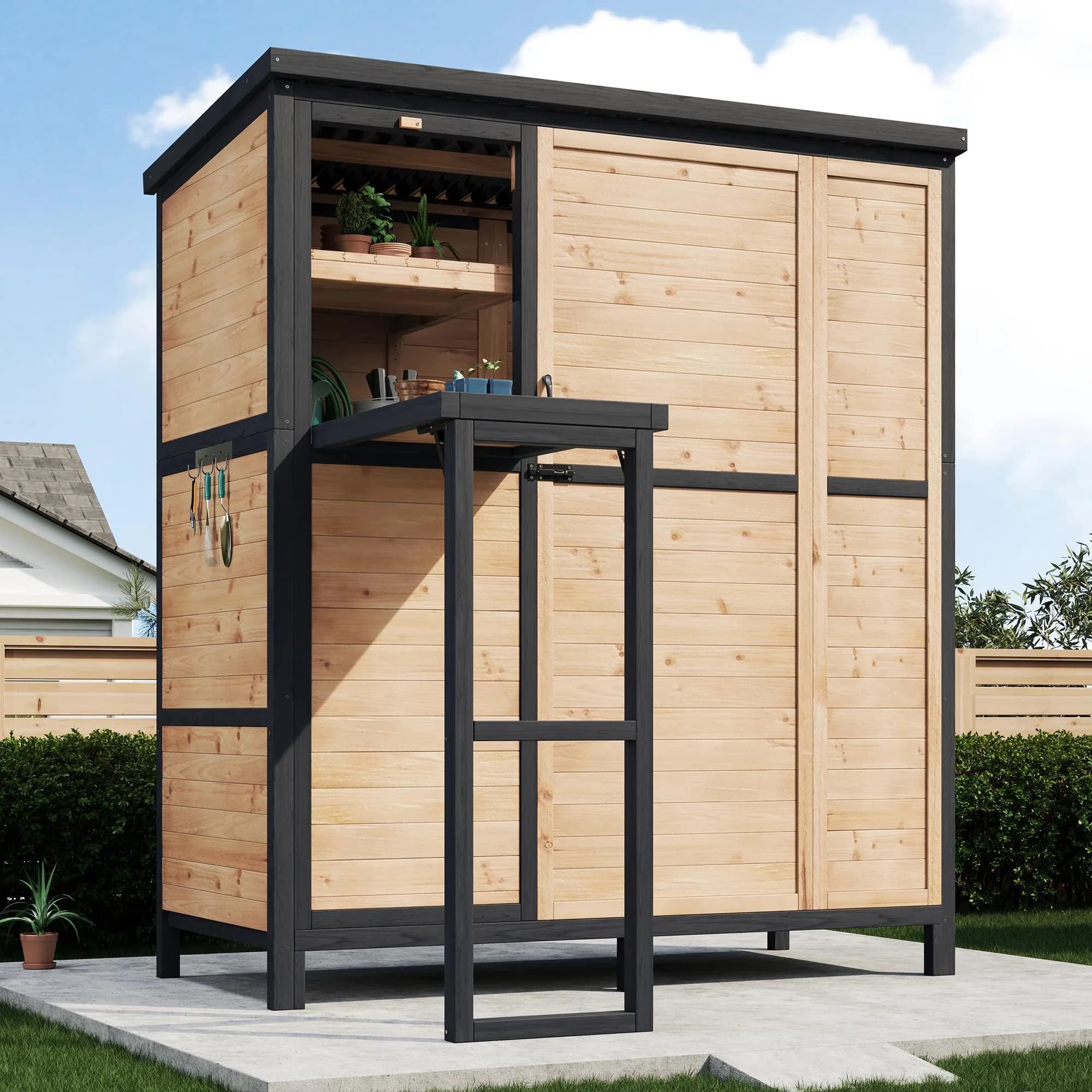 Shed Versatile with Paintable, Solid Fir Wood Outdoor Storage, Foldable Workbench - Brown Metal, Wood Model 9E7F0D