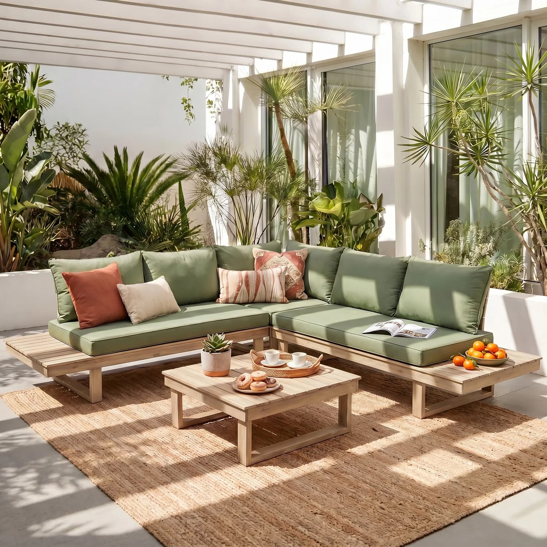 Patio Conversation Set Durable with Light White+Green Cushion, Coffee Table - Acacia Wood + Water Resistant Cushion Green Model 9FDB1E