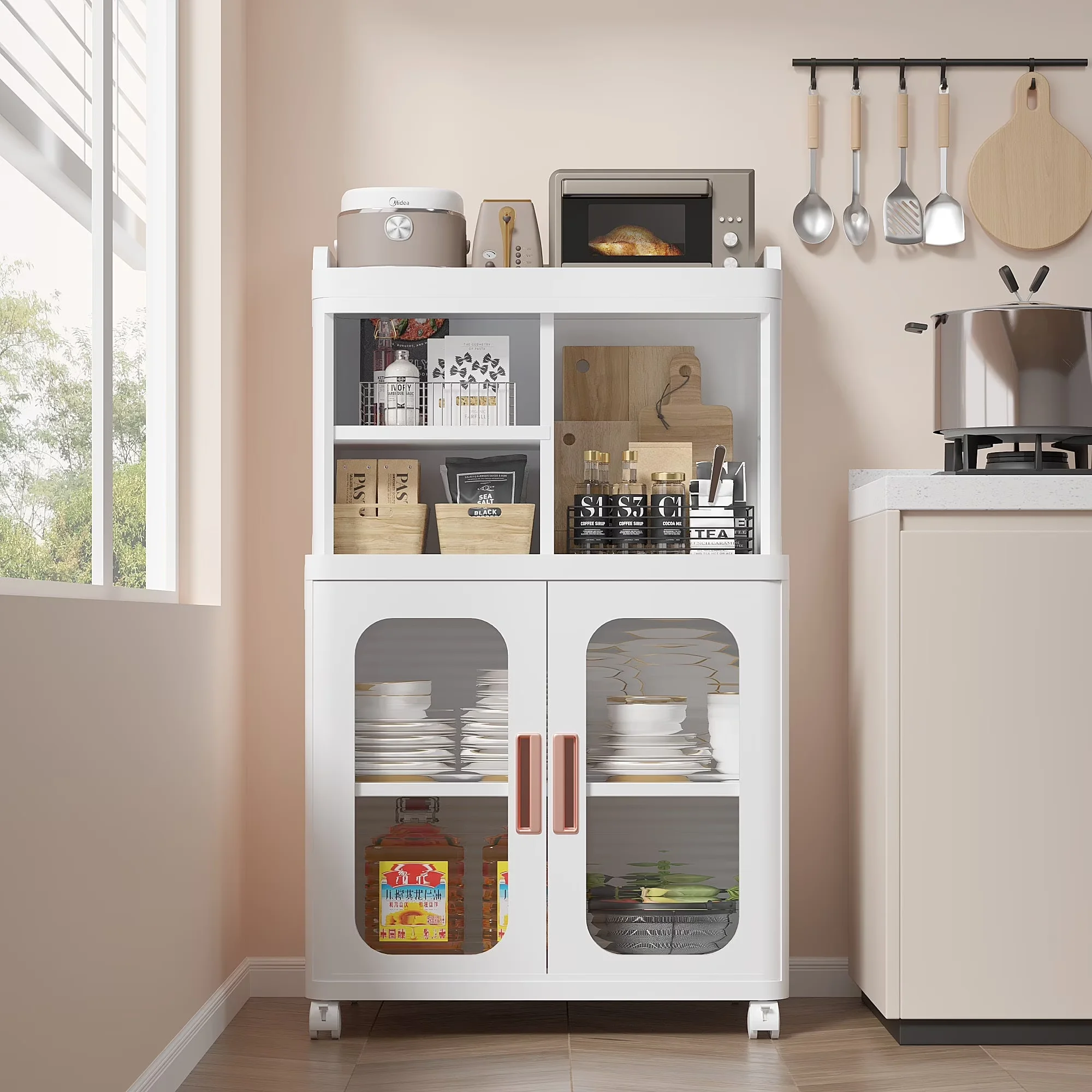 Kitchen Renovation Sleek with Wheeled, Modern, Floor Cabinet - White Pp Material Model F25596