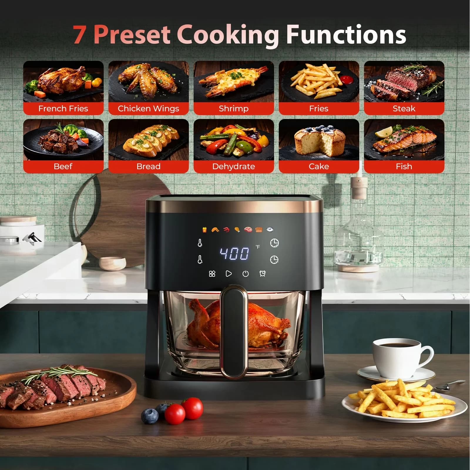 Professional Outdoor Fryer with LED, 1400W, 7-in-1 Air - Black Glass - Essential Collection Model 6A60B4