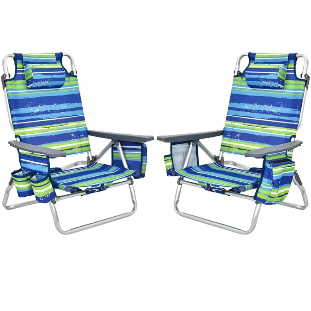 Classic Beach Chair with Color:Blue/Navy/Yellow, Material:PVC, aluminum, sponge, Detachable Cup Holder - Blue Model 0E053F