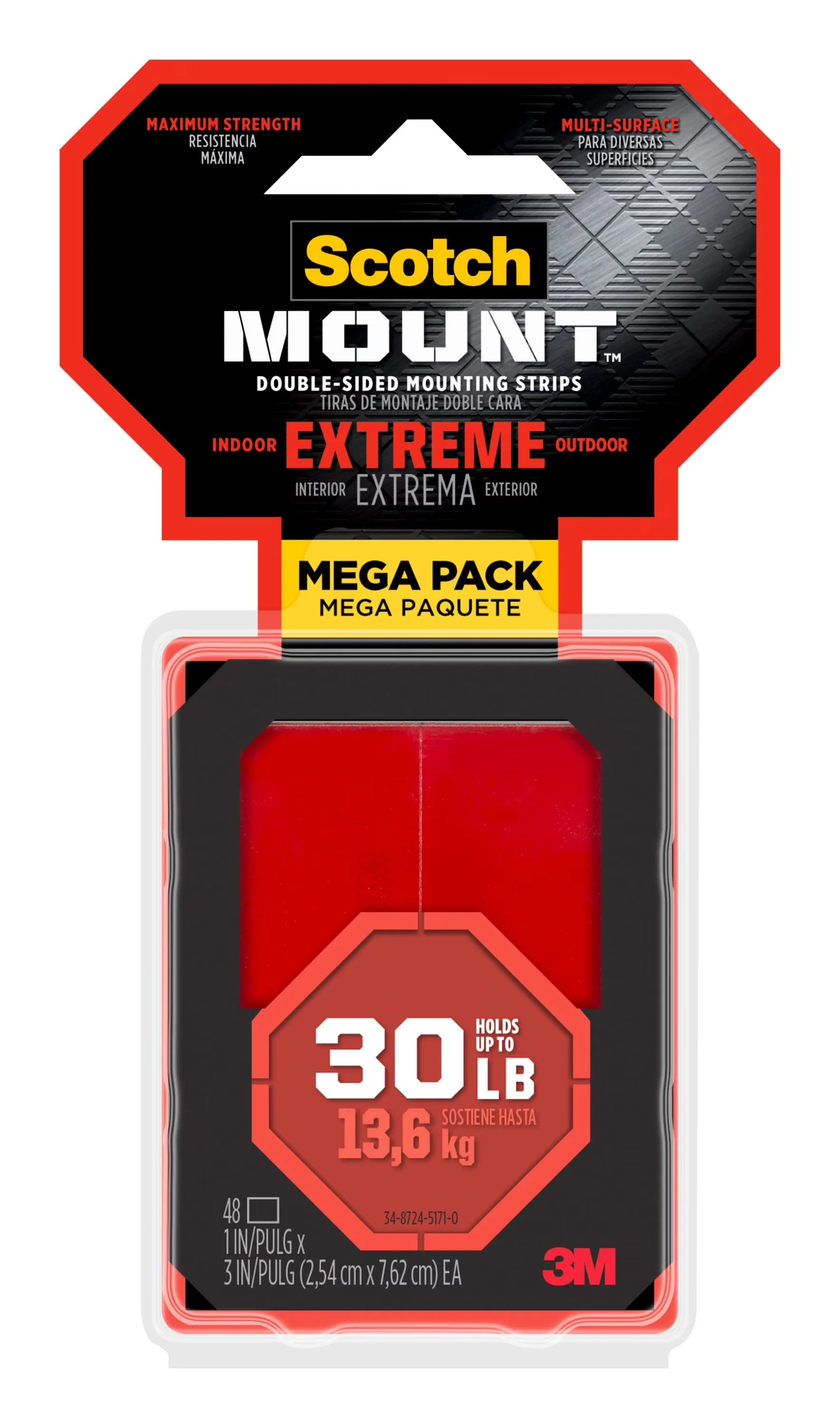 Quality Damage-Free Hanging with Extreme Double Sided Mounting Tape, holds 30 lbs, 48 Strips - Plastic Black Model 6F1E23
