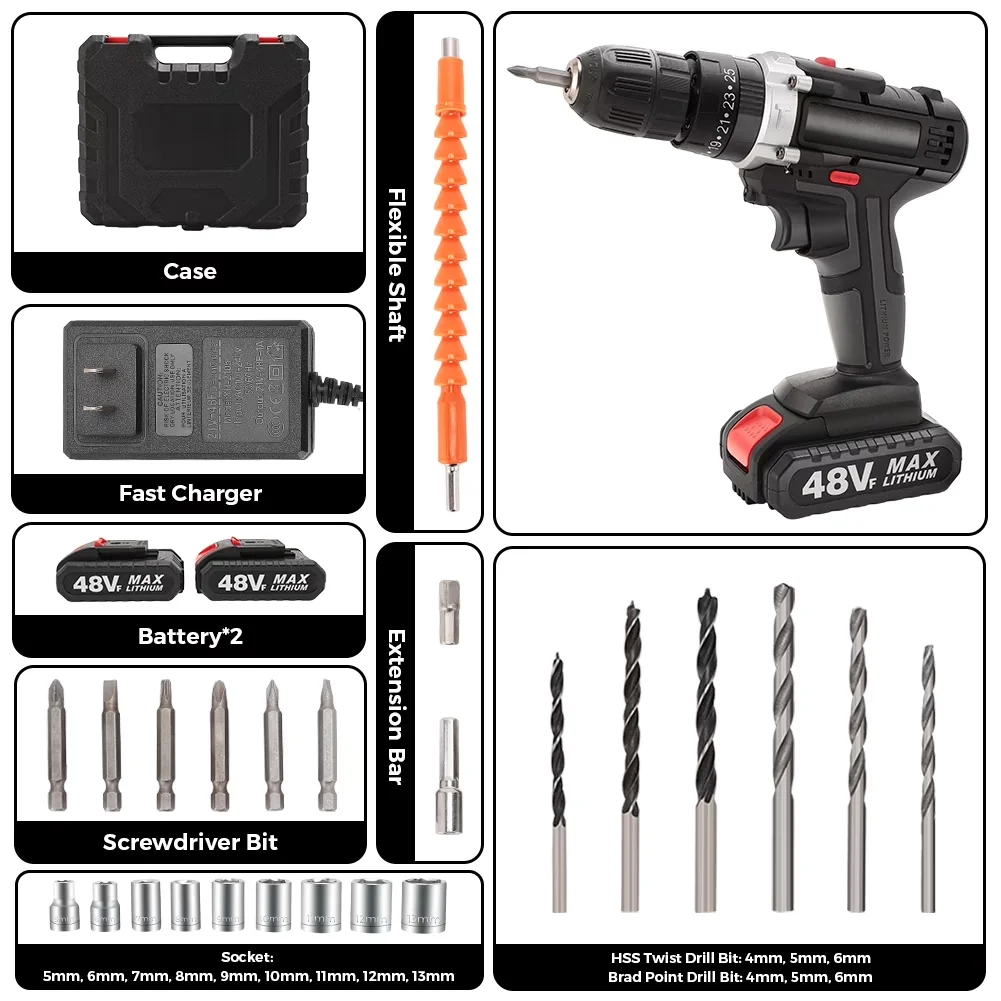 Drills Driver Compact with Battery, LED, 48V Cordless Drill - Black 5.07 lbs Model 8B22B7
