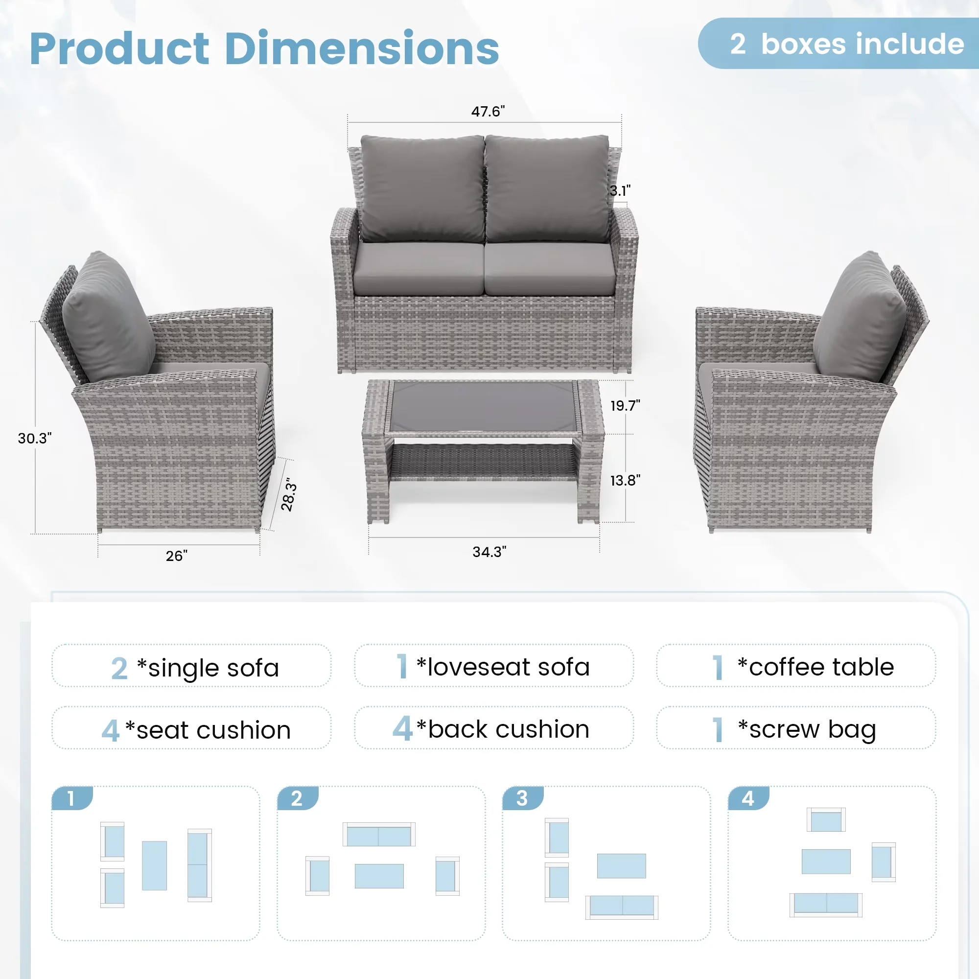 Modern Patio Conversation Set with Outdoor Furniture, Outdoor Sectional Sofa - Wicker Gray Model 6272AF