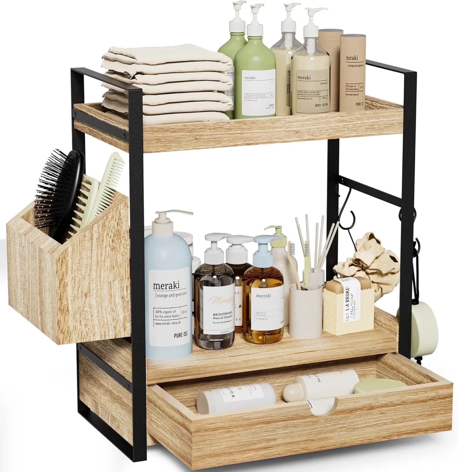 Durable Bathroom Renovation with Wood Countertop Organizer, 2-Tier Counter Organizer - Wood, Metal Brown Model 764A16