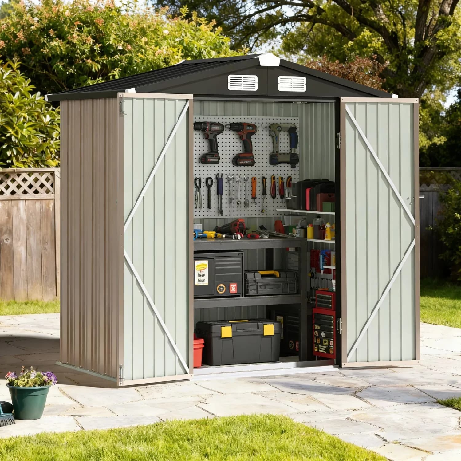 Shed Quality with Lockable Door, Vents & Secure Locking Doors, 6.2x4 FT Outdoor Storage - Brown Metal Model 86C7B1