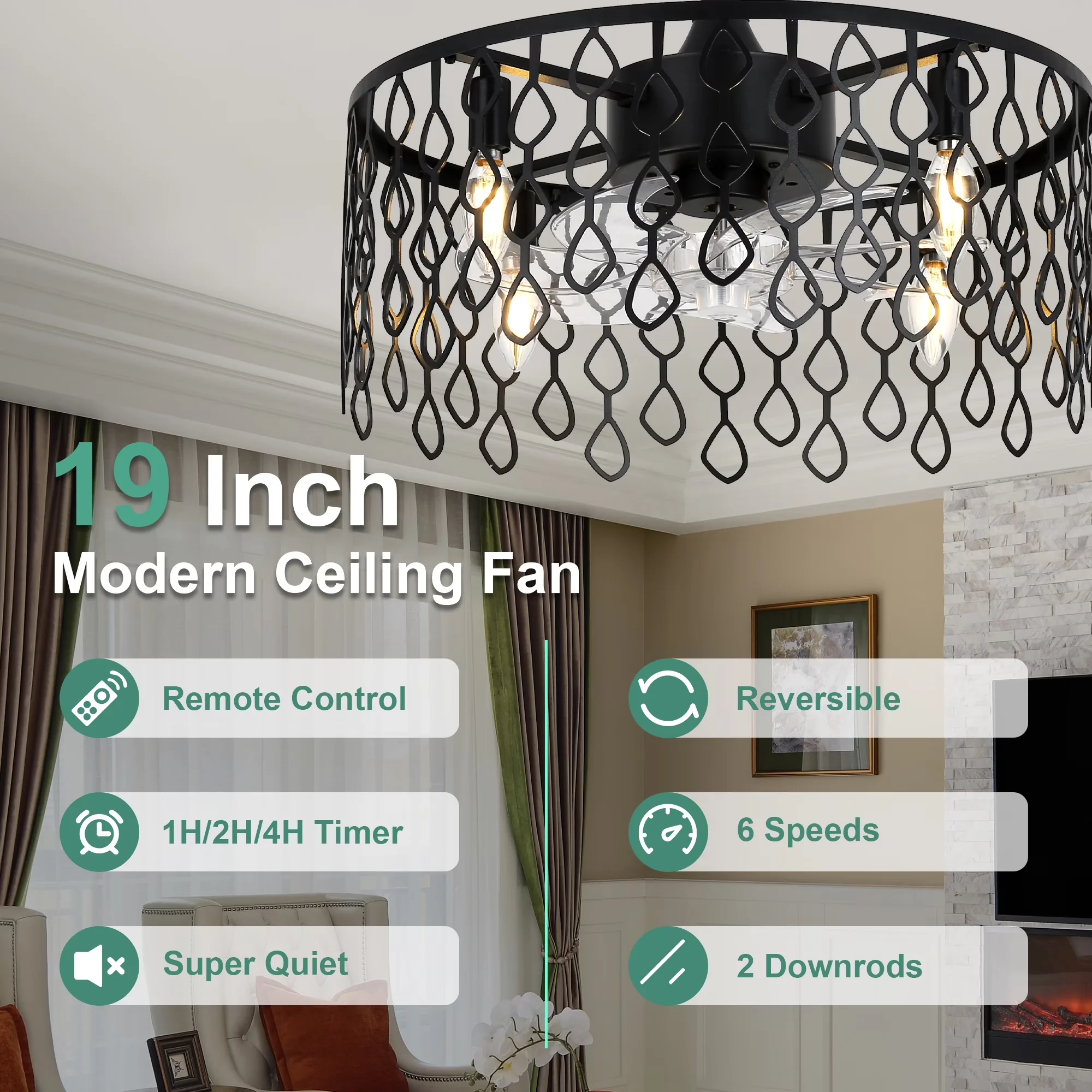 Ceiling Fan Premium with Remote Controlled, Space-Saving, Industrial - Black Metal Model BF5E32