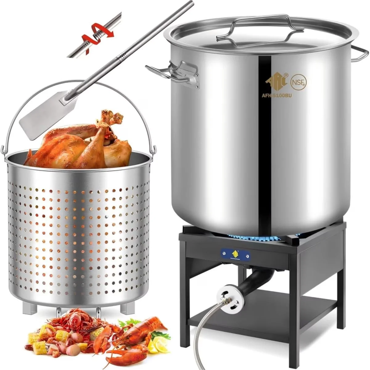 Reliable Outdoor Fryer with 200000 BTU, Propane Burner, 48" Mixing Paddle - Cast Iron Model 8B9BB8