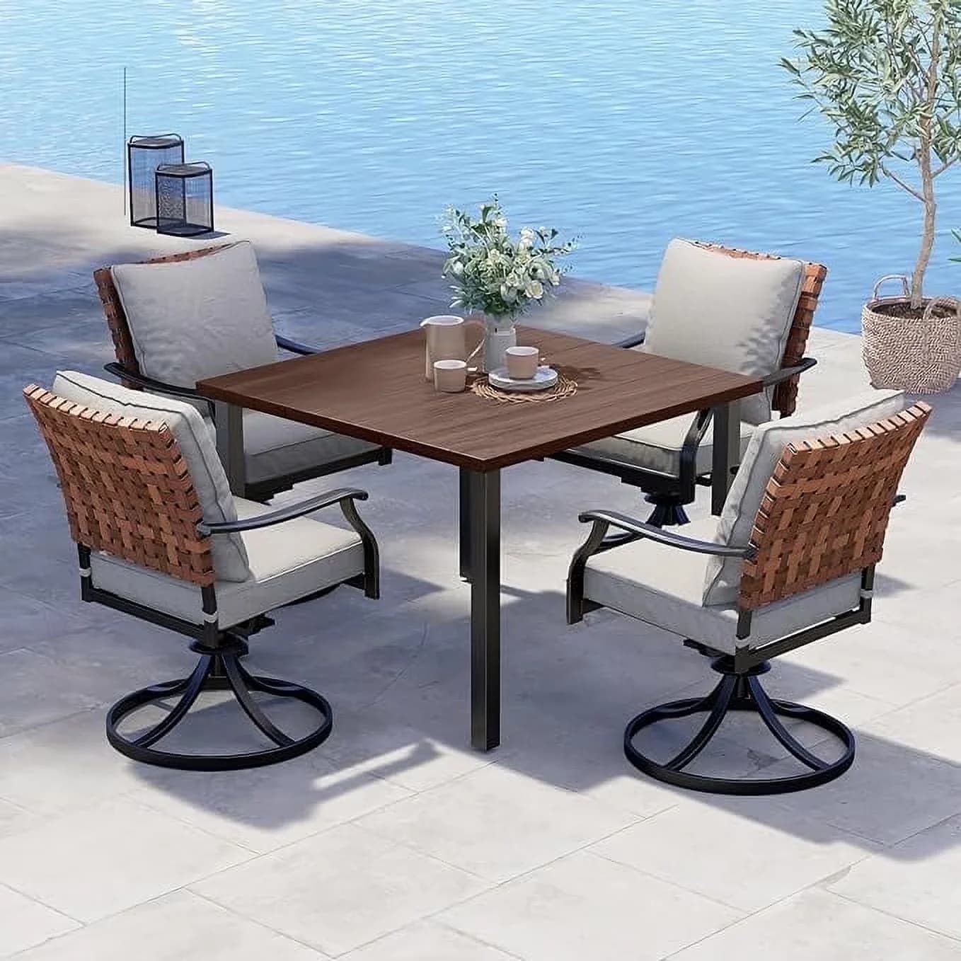 Patio Dining Set Modern with Contemporary, Grand 5-Piece Outdoor, Brown - Black Powder Coated Steel, Solution Dyed Polyester, Resin... Model ECD884