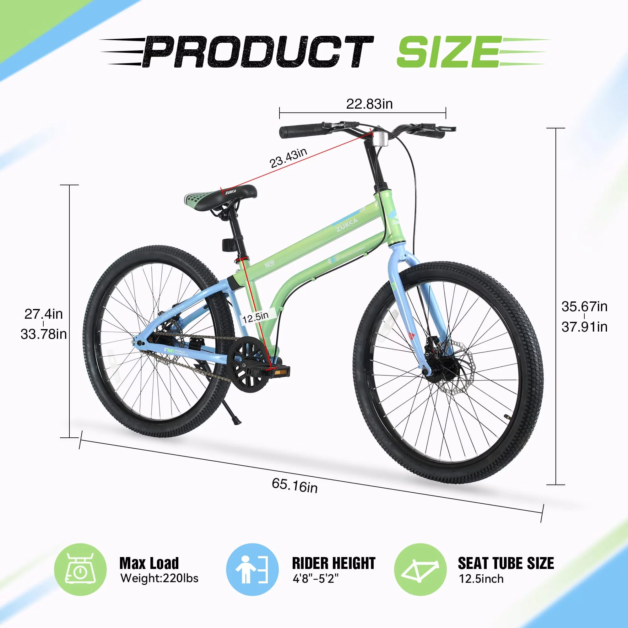 Kids Bike Professional with Adjustable Handlebar Height, 24 Inch - Green Model B24466