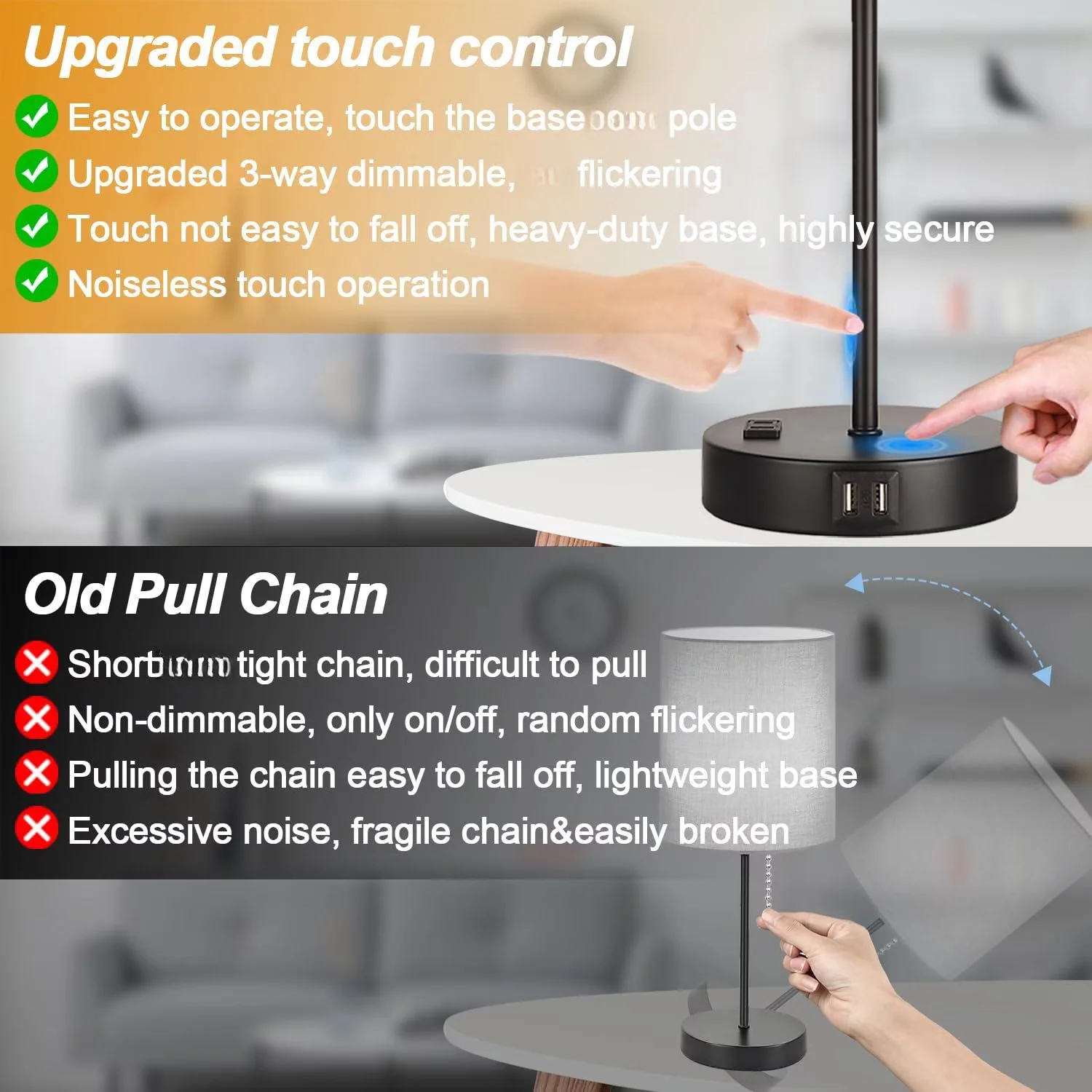 Lamp Set Modern with Power Outlet, Dimmable, Touch Sensor - Black Plastic for Living Room, Office Model A154D1