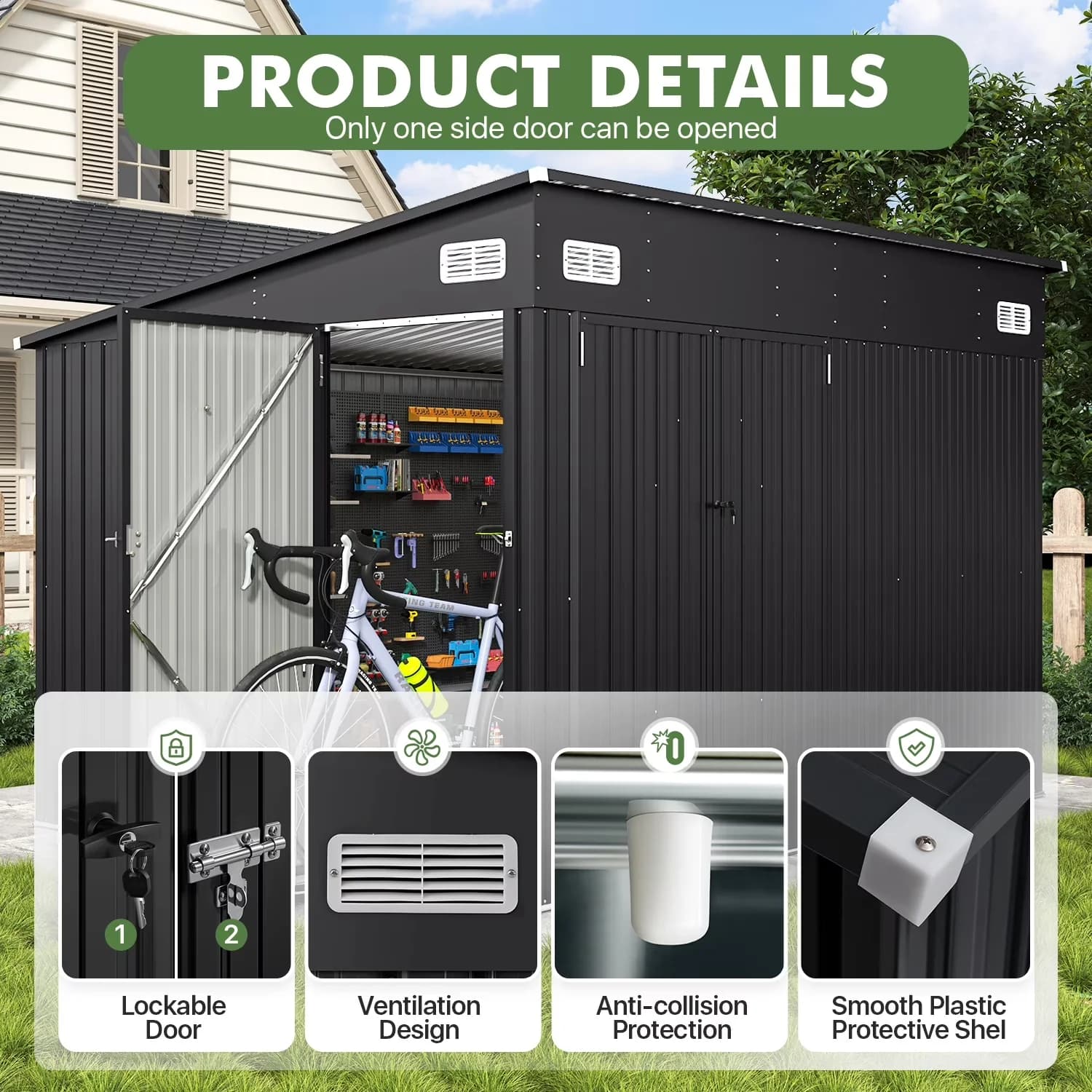 Quality Shed with Lockable Door - Black Metal 5x7 - Compact and Portable Model 69F5CD