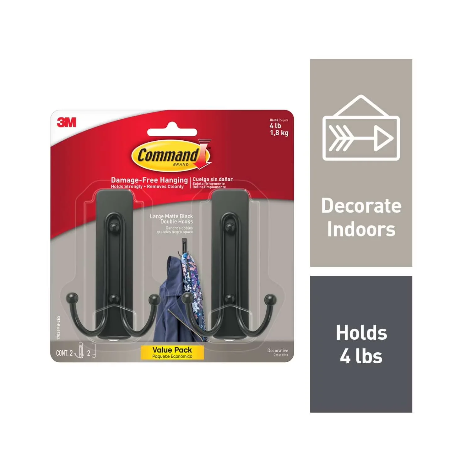 Premium Damage-Free Hanging with Easy Clean, Damage Free Decorating, 2 Hooks - Metal Black Model 08A9C3