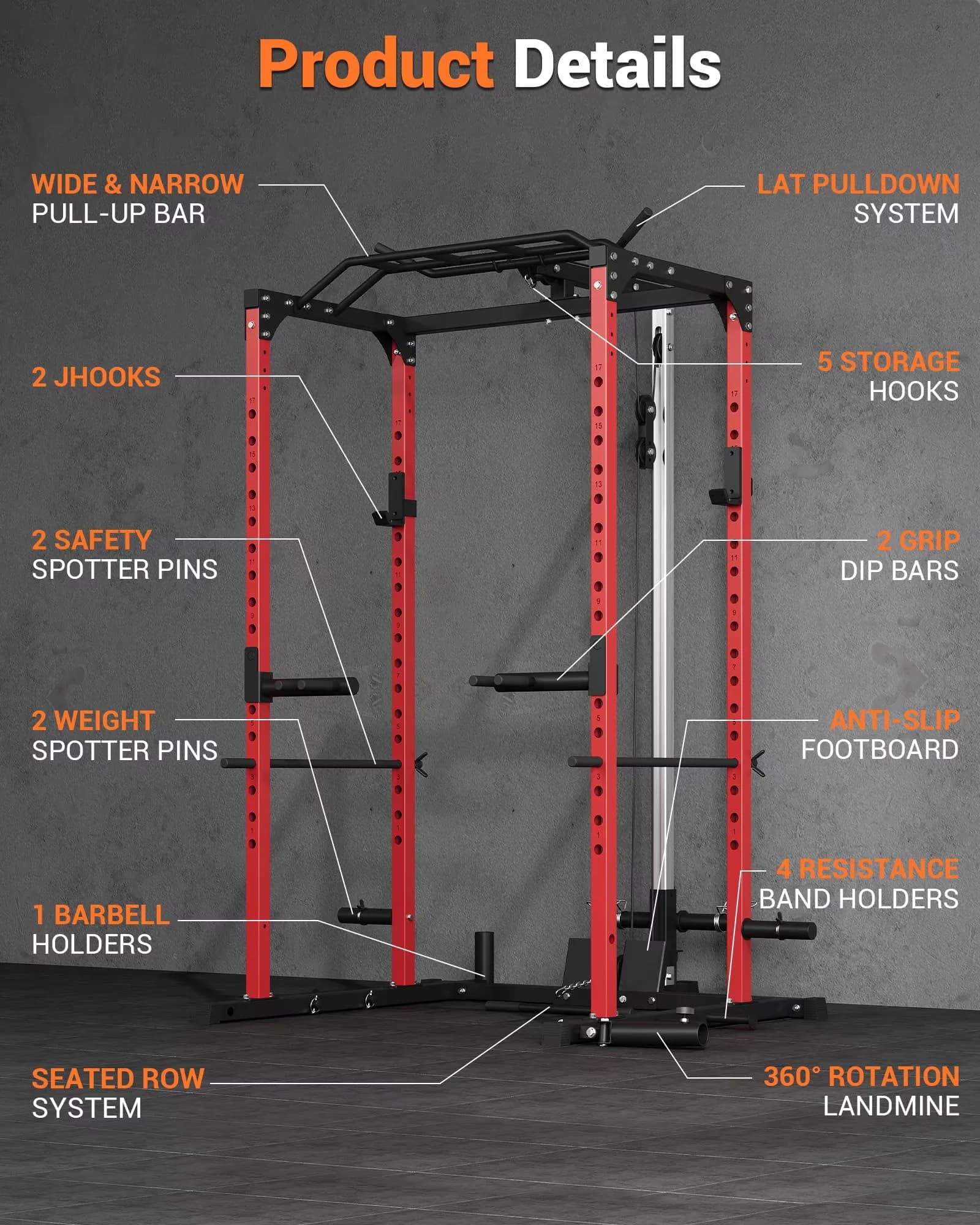 Home Gym Versatile with Space-Saving, Optional Pulley System and Dip Handles - Aluminum Red for Home Model E1A249