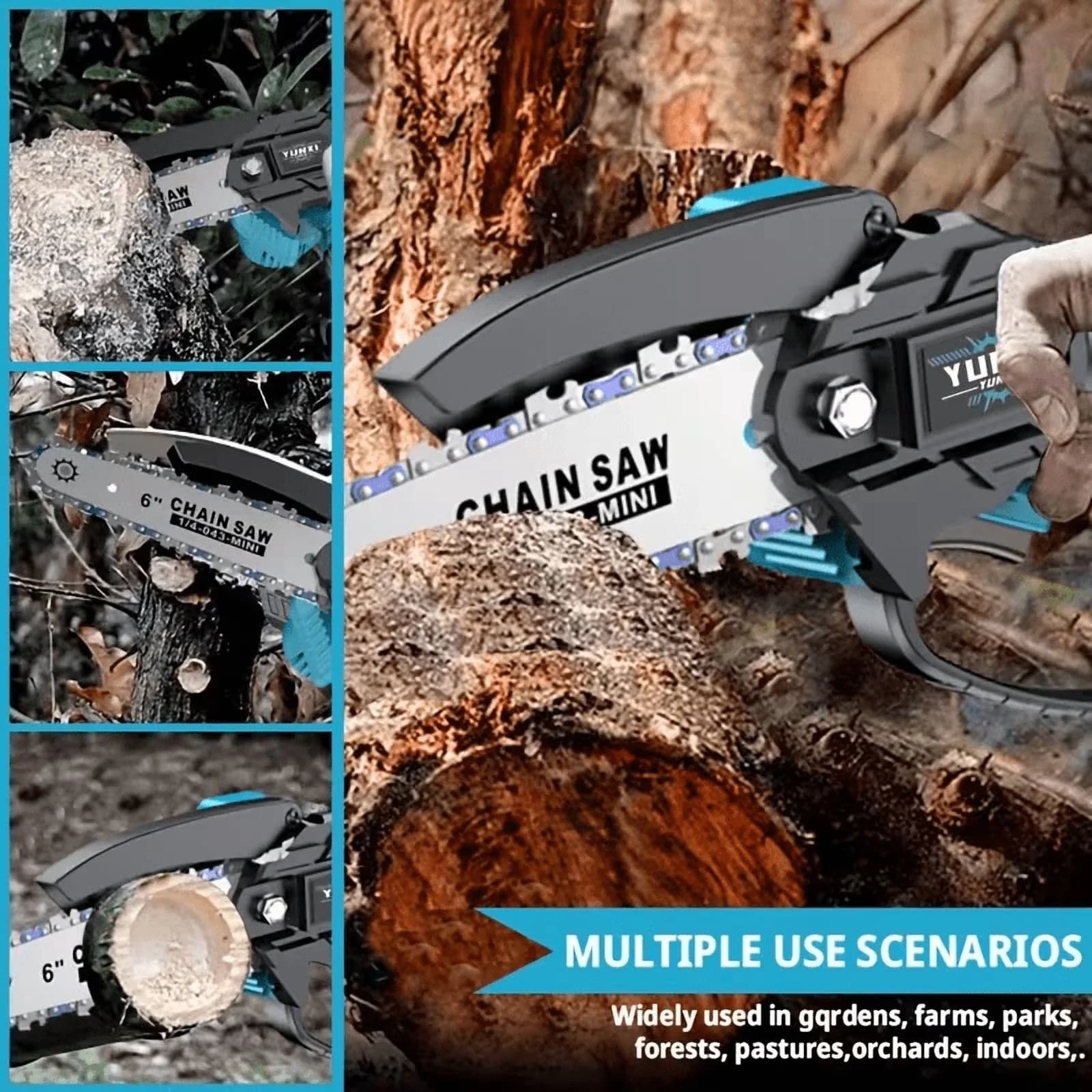 Chainsaw Compact with Battery, 21V, Tool-Less Chain Tensioning - Blue - Industrial Grade Model 45F6ED