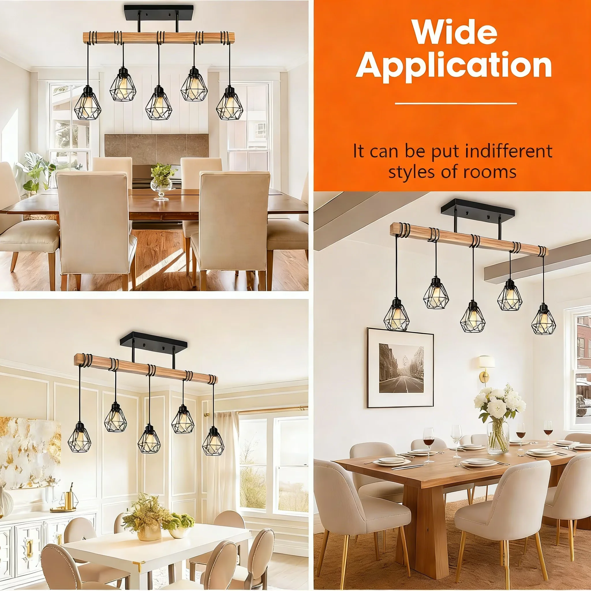 Premium Ceiling Lights Fixture with LED, Adjustable Height - Metal, Wood Black Model 786C8A