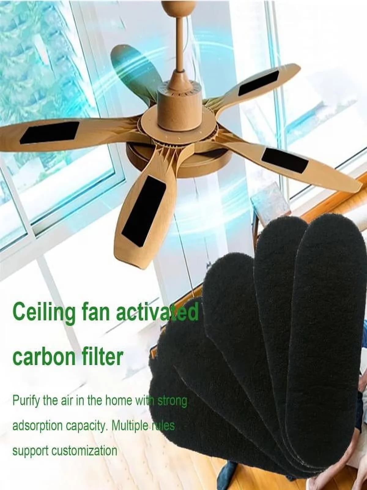 Reliable Air Purifier with Easy-Stick Universal Filter, Ceiling Fan Filters, 5-Pack Activated Coconut Carbon Pads - Black Model E9E4D7
