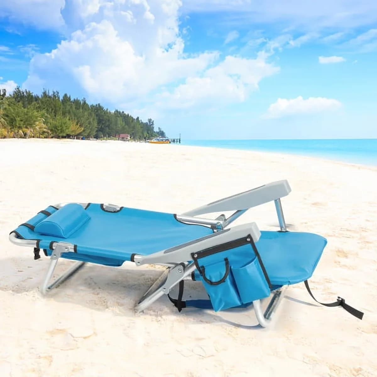 Reliable Beach Chair with Folding, Adjustable, Cup Holder Storage Pouches Blue - Blue-B Model 9C3755
