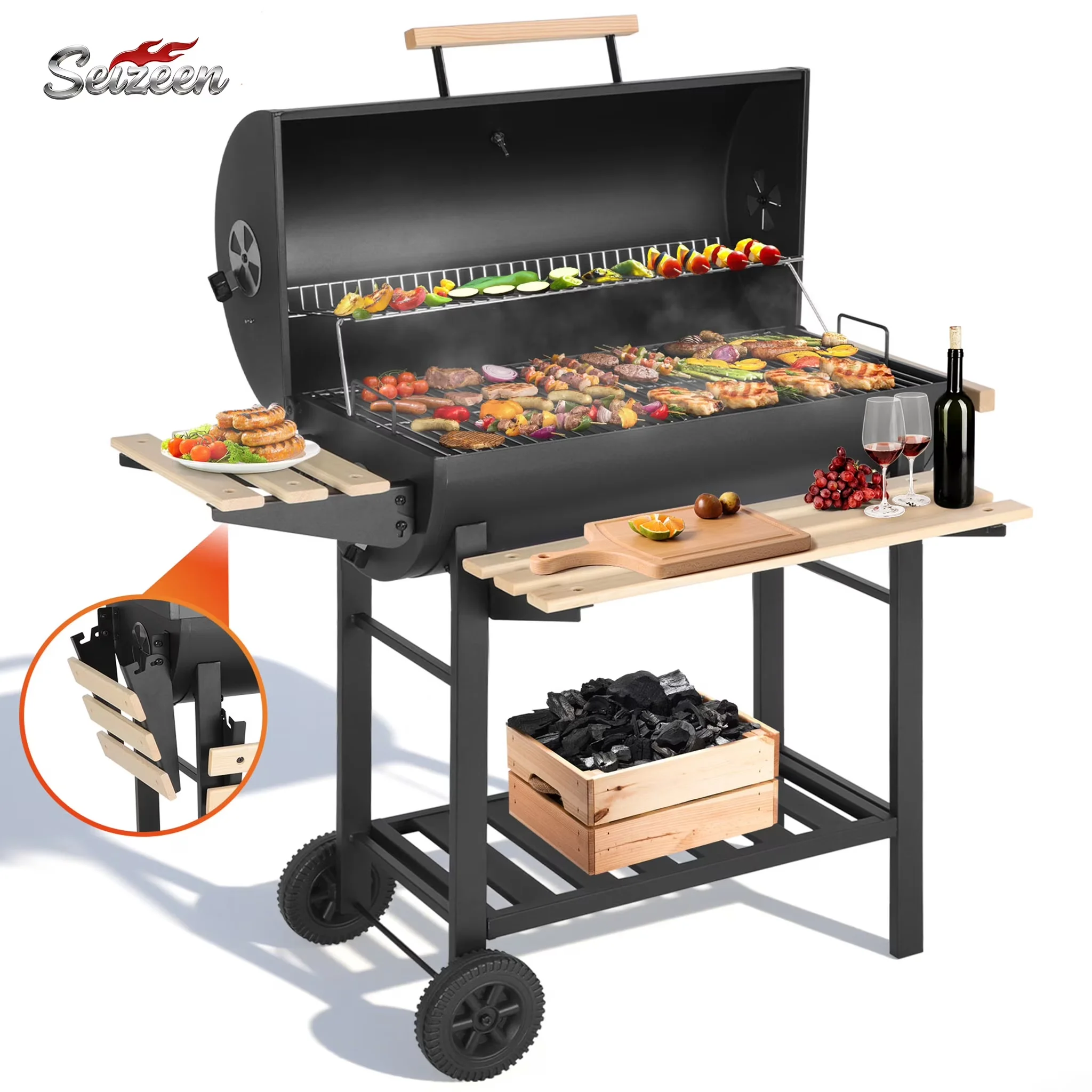 Innovative Charcoal Grill with Heat Thermometer, Thermometer & Large Cooking Space, Smoker - Steel for Camping, Picnic Model 90FFDE
