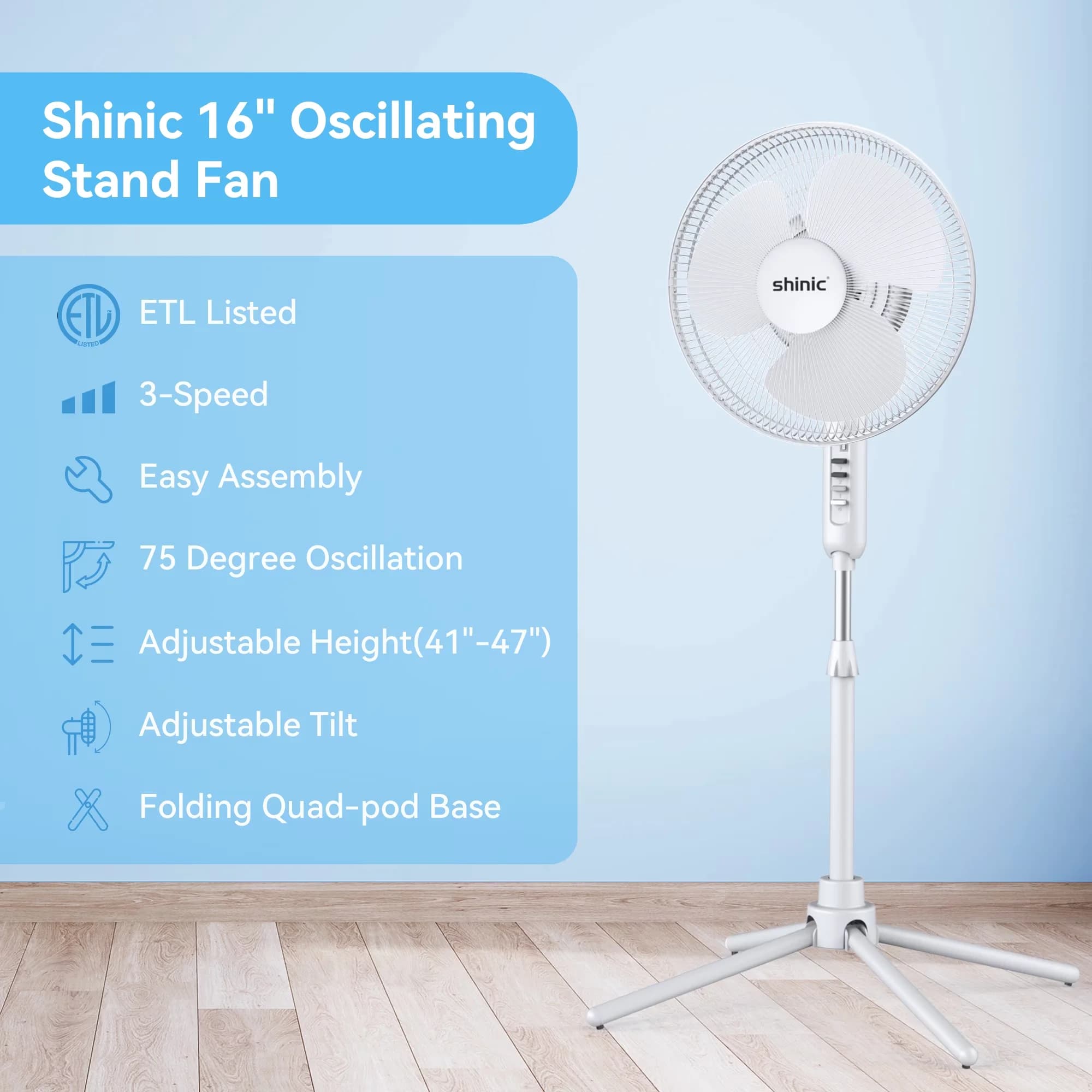 Efficient Fans In Cooling with Oscillating, 16" 3-Speed Oscillating Pedestal Fan, White - Plastic Model AC7543