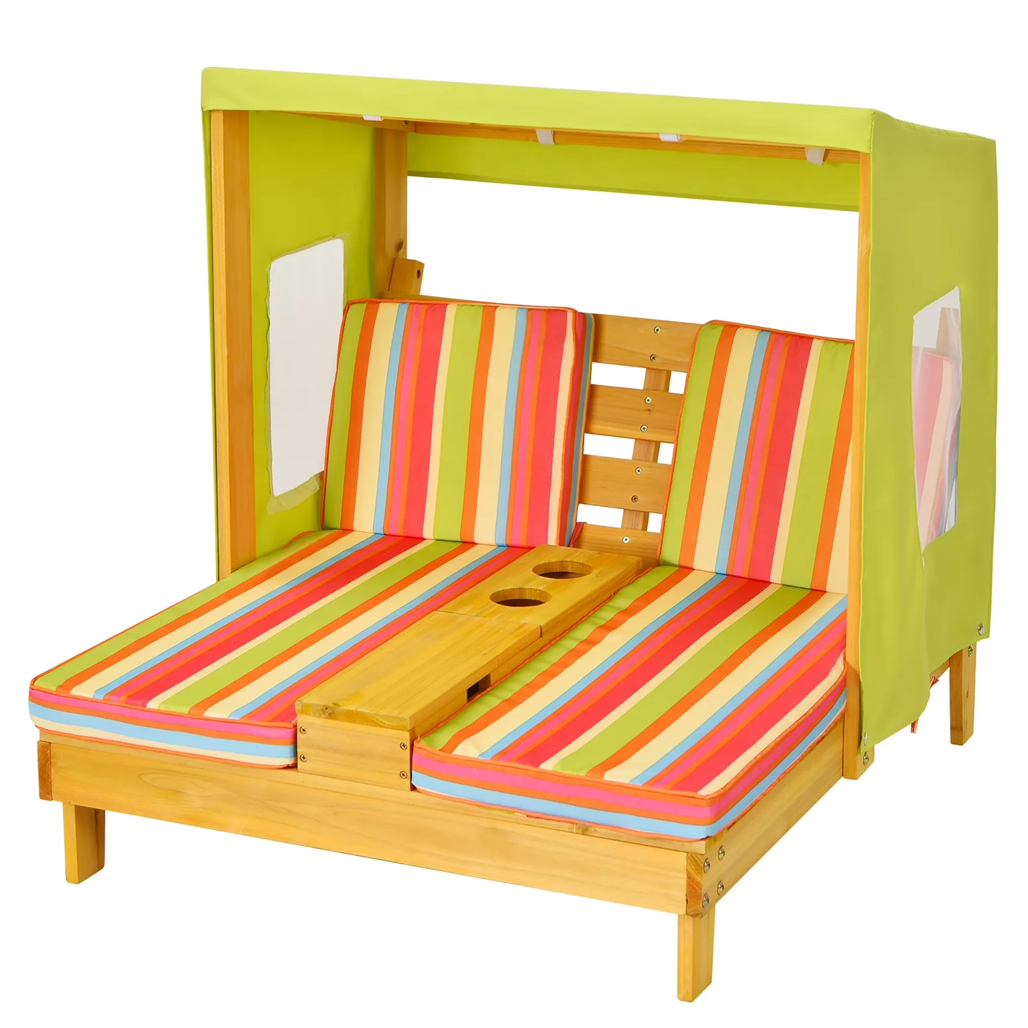 Patio Chair Essential with Canopy, Kids Double Chaise Lounge Lounge, Cup Holders & Awning Colorful - Fir Wood, Fabric, Sponge Model CC3282