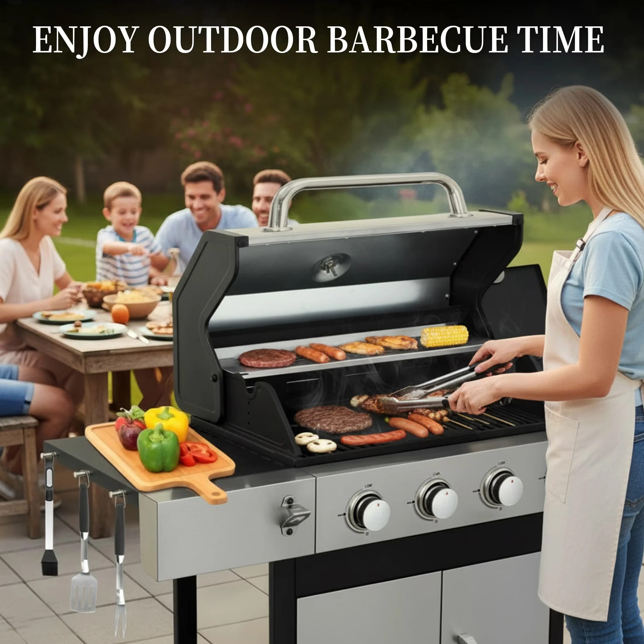 Versatile Gas Grill with Enclosed Cabinet, Grease Pan, Heat Thermometer - Stainless Steel, Powder-Coated Steel, Porcelain-Enameled... Model 8644DD