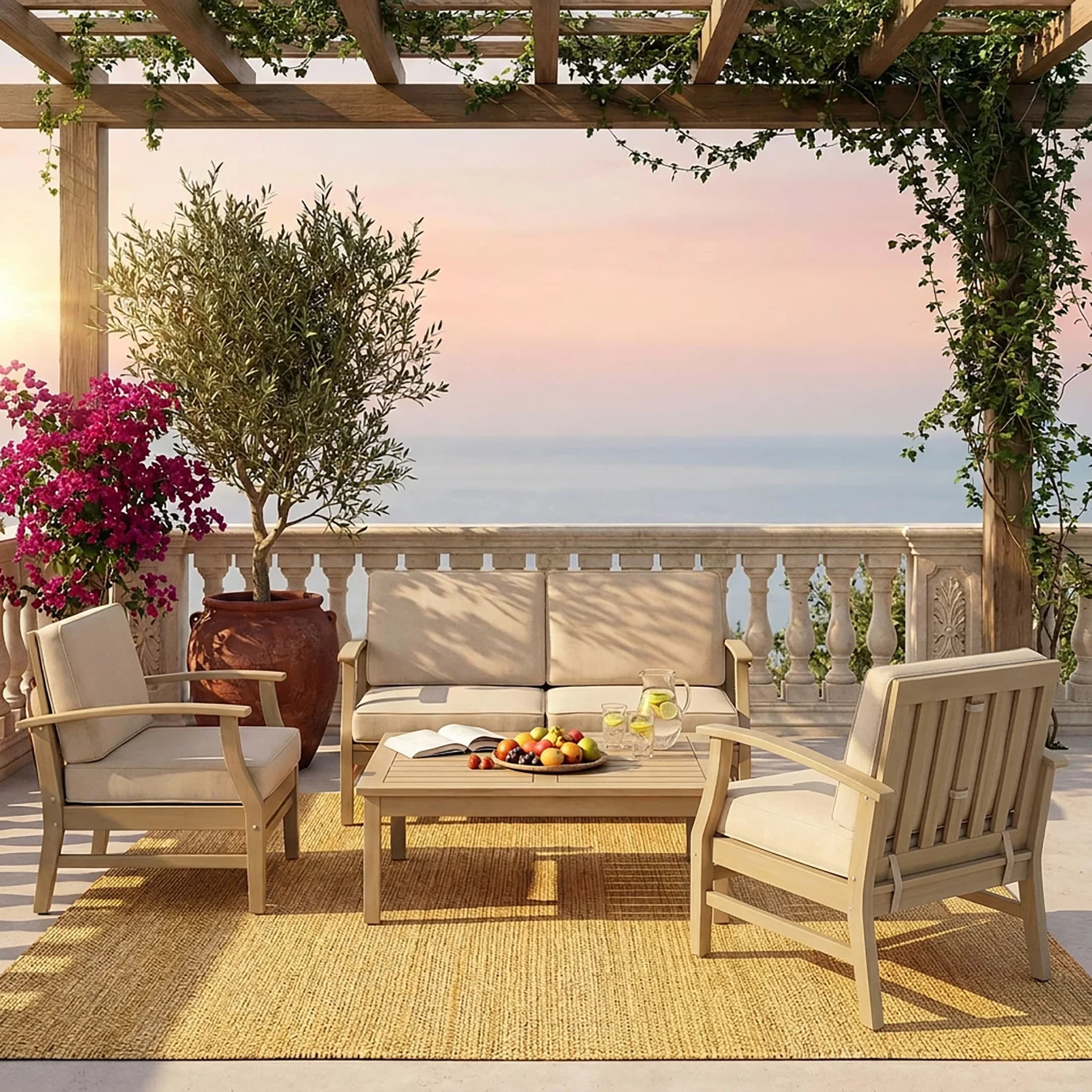 Sleek Patio Conversation Set with 4-Seater Outdoor Wood, Light White Finish, Table - Acacia Wood + Water Repellent Cushion White Model CB3AE0
