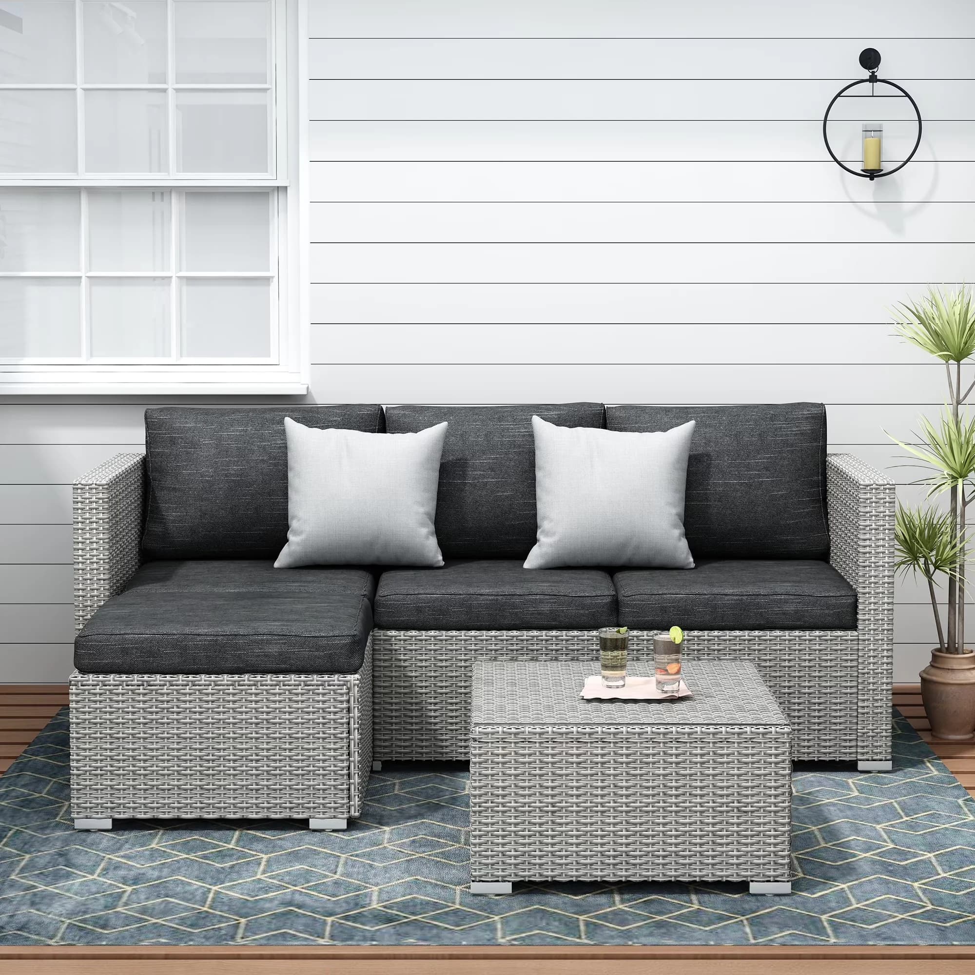 Versatile Outdoor Sofas Sectional with 3 Piece All Weather Wicker Furniture Set, Gray Rattan & Black Cushions, Patio Conversation... Model 38326B