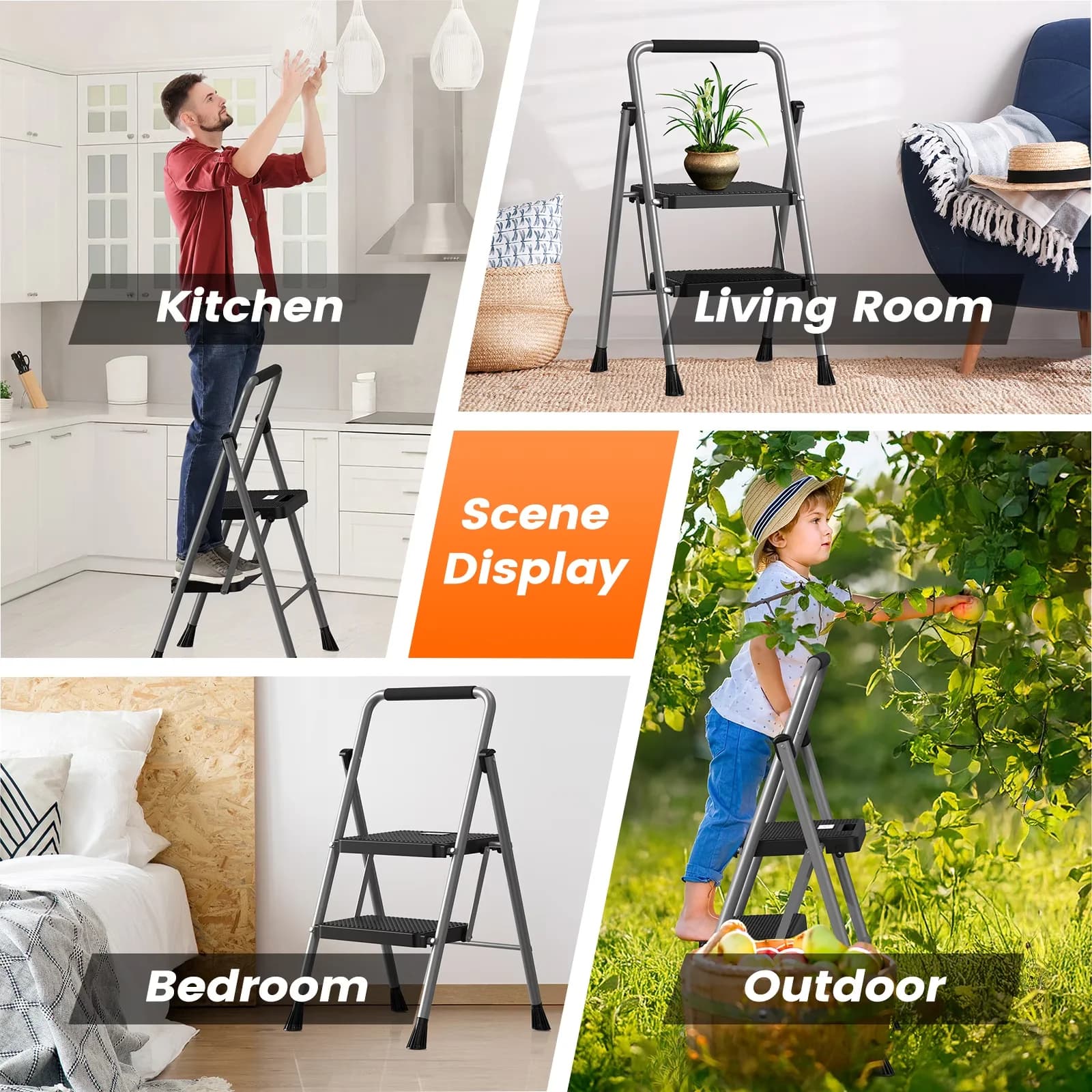 Ladders And Step Stool Compact with Foldable, Convenient Handgrip, Wide Anti-Slip Pedal - Gray Alloy Steel, Rubber Model 4D885A