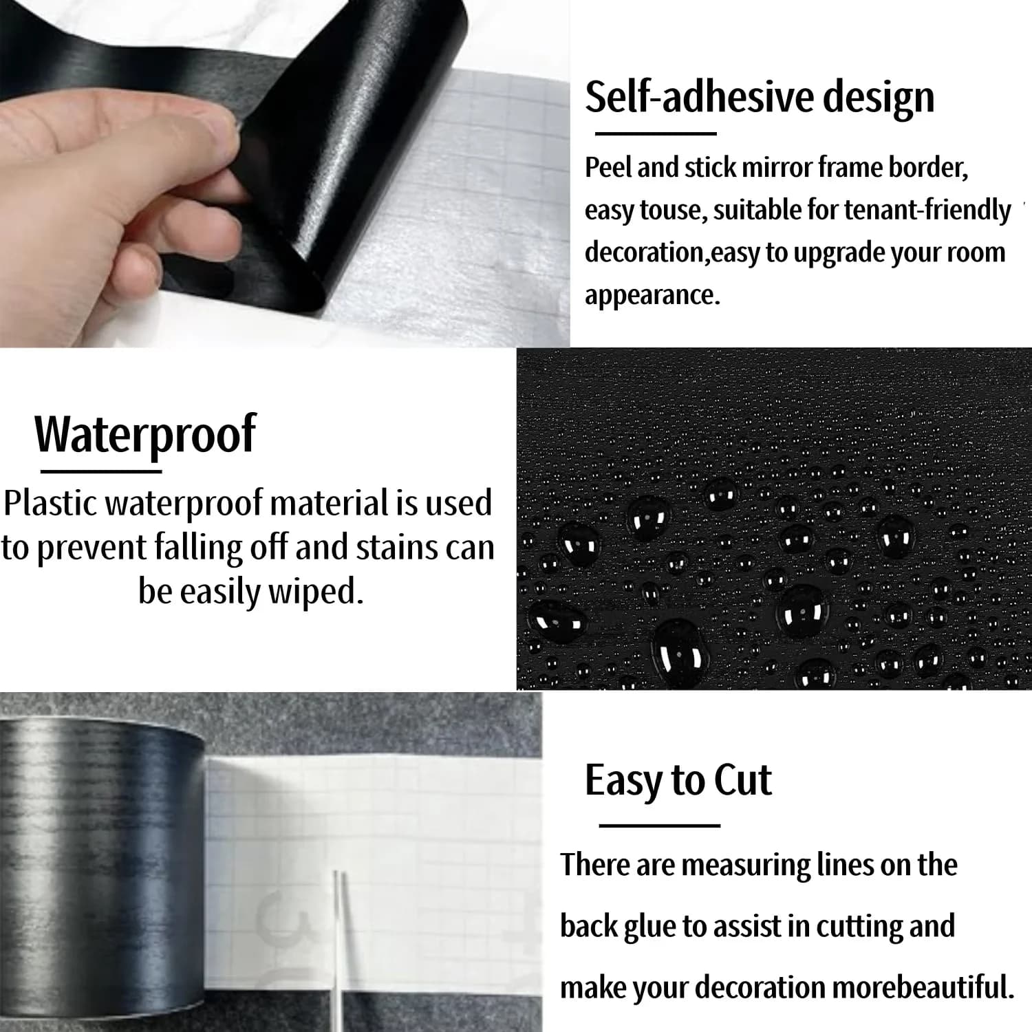 Durable Wallpaper Wall Decals Wall Covering with Flexible, 3.93x32ft, Self Adhesive Mirror Frame Border - Black Plastic Model B96E68