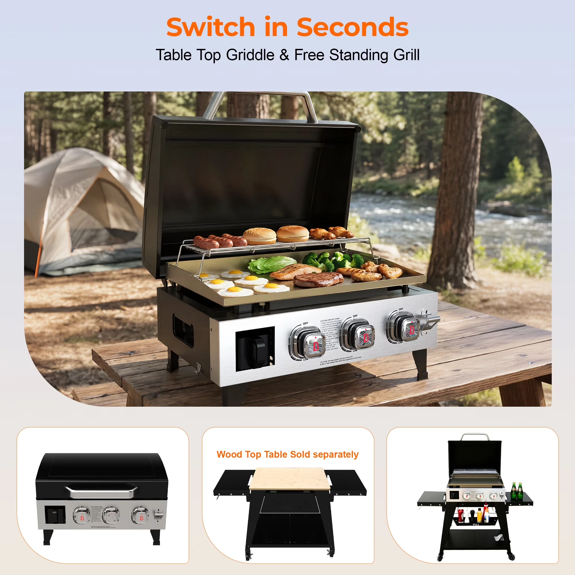 Reliable Flat Top Grill with Portable, Storage Rack, Foldable Legs - Steel Black Model 6A0C55