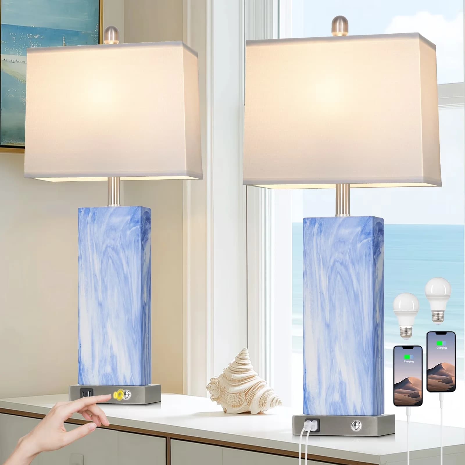 Reliable Lamp Set with LED, Modern, Usb Port - Blue Ceramic, Metal for Living Room, Bedroom Model 83306A