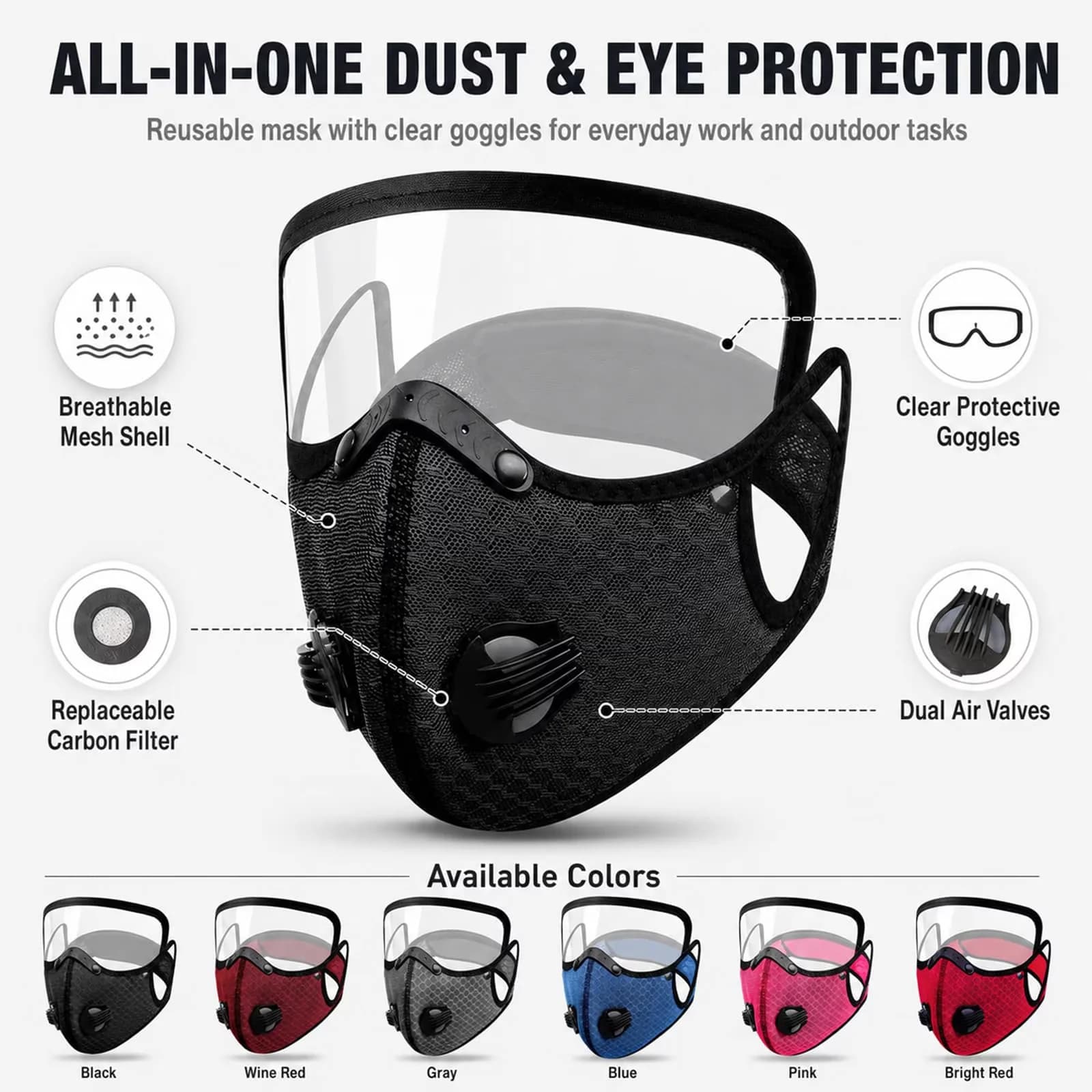 Modern Protective Equipment with Reusable Carbon Filter Dust Mask, Adjustable Goggles - 1 2Pcs-A for Outdoor Model 724BE9