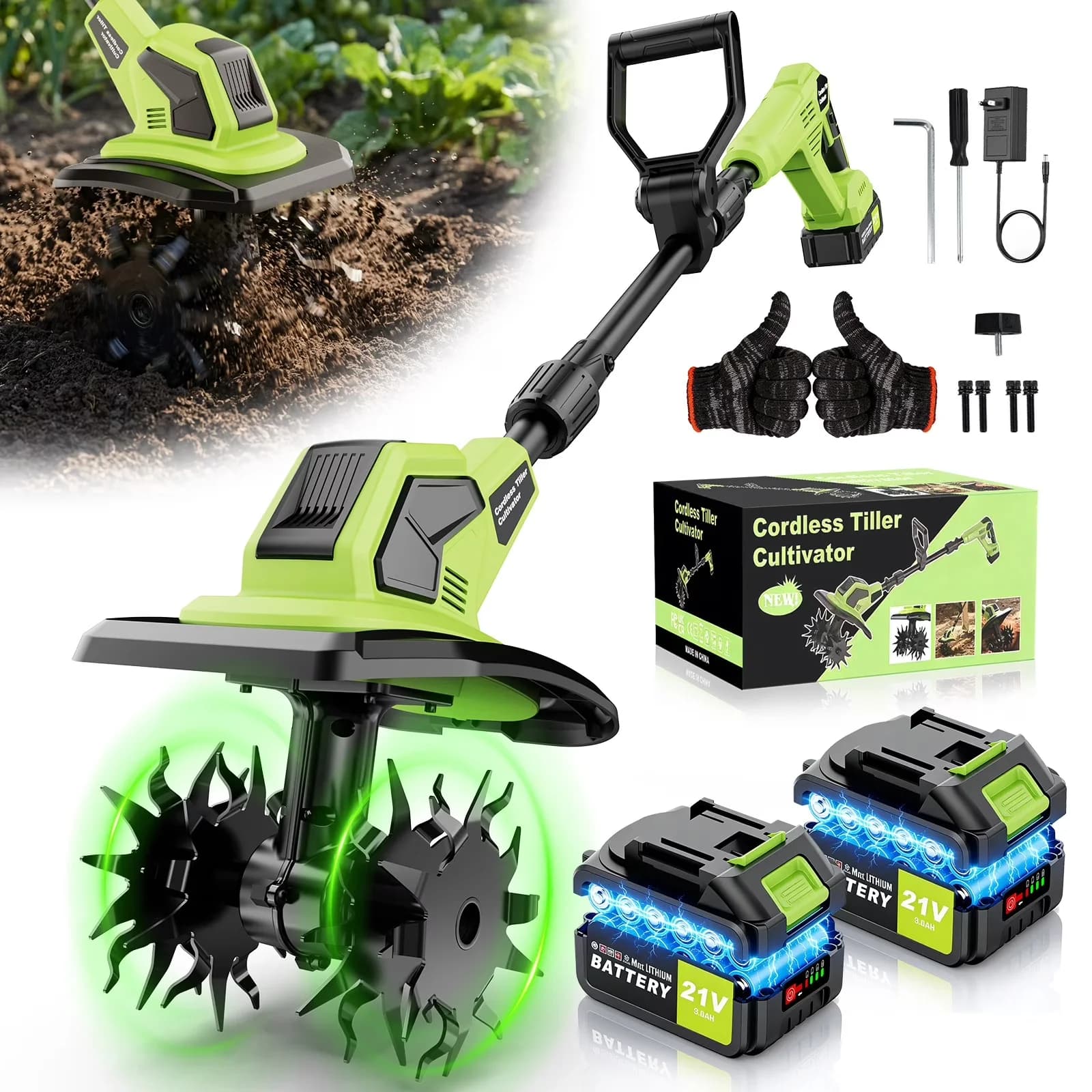 Trillers Cultivator Stylish with Battery, 21V, 21V Cordless Tiller - Industrial Grade Model D28438